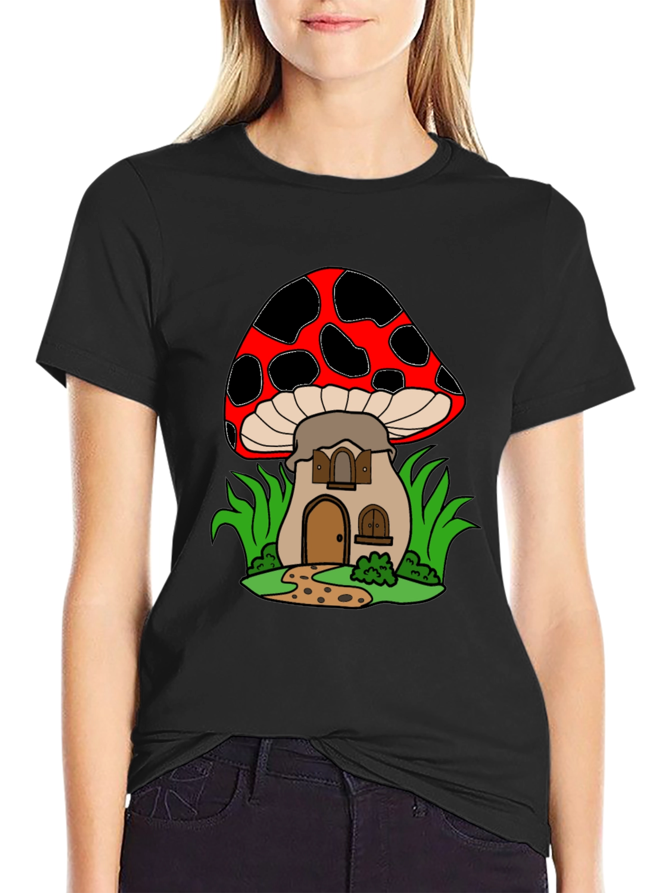 Black Mushroom House Graphic Tee - Quirky Black T-Shirt view 2