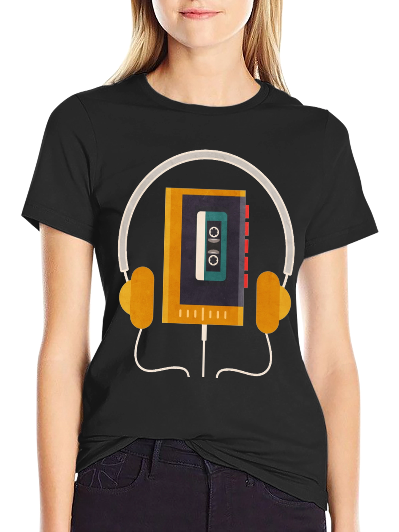 Black Retro Cassette Player Headphones Graphic Tee view 2