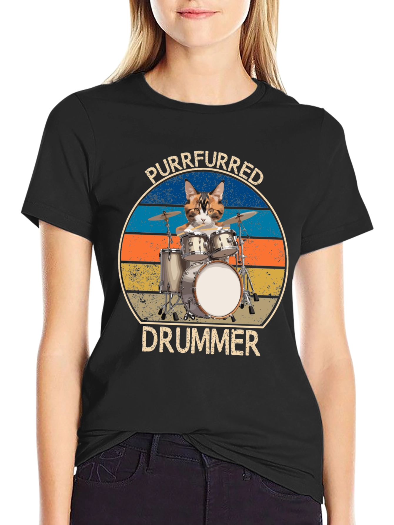 Black Purrfurred Drummer T-Shirt - Cat Lover Music Tee view 2