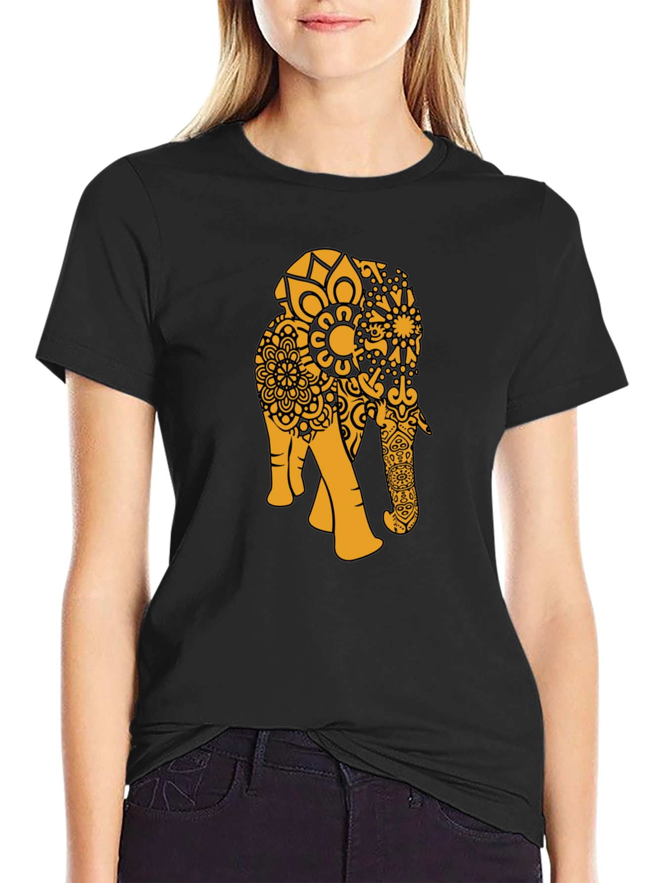 Black Black T-Shirt with Gold Elephant Mandala view 2
