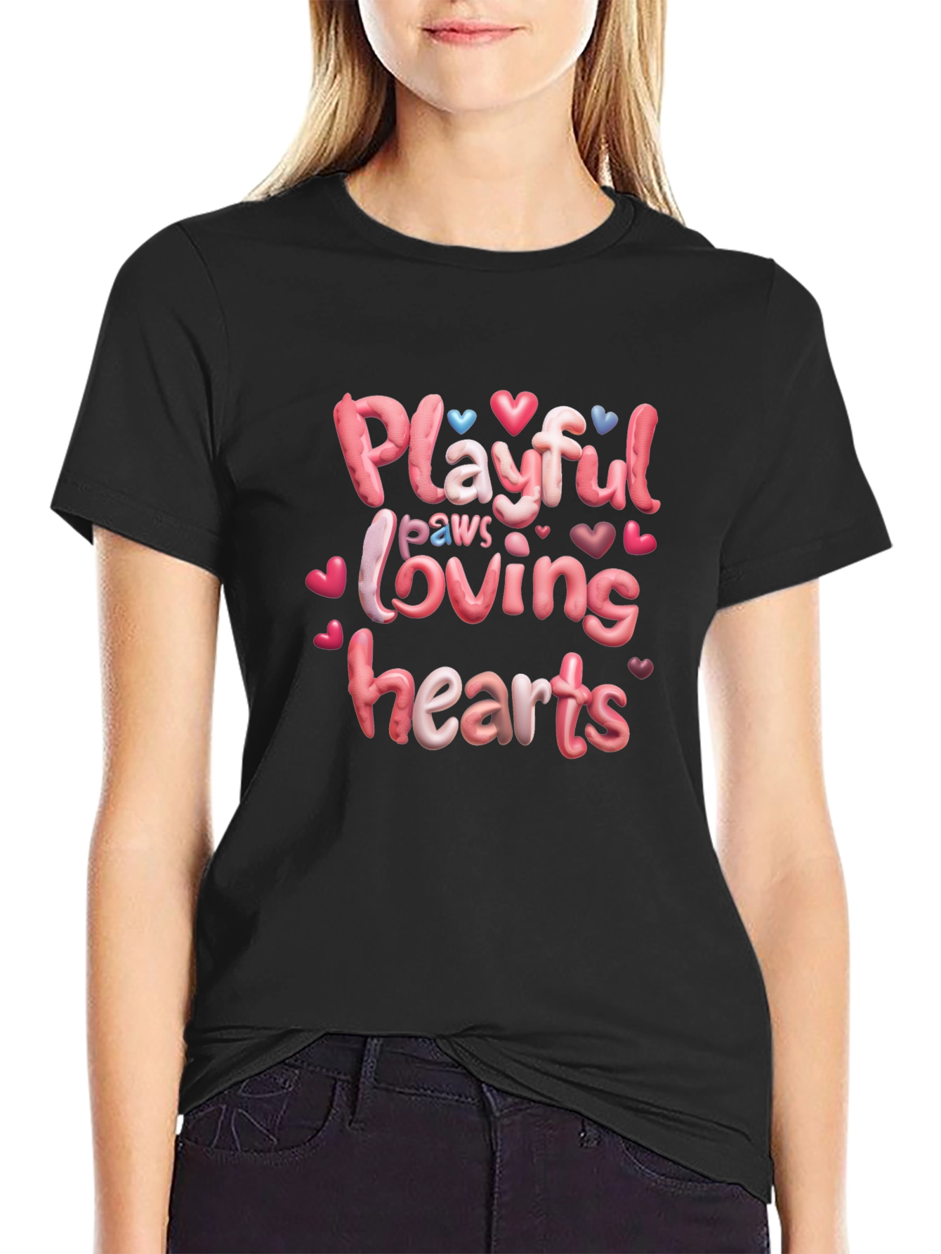Black Playful Paws Loving Hearts T-Shirt view 2