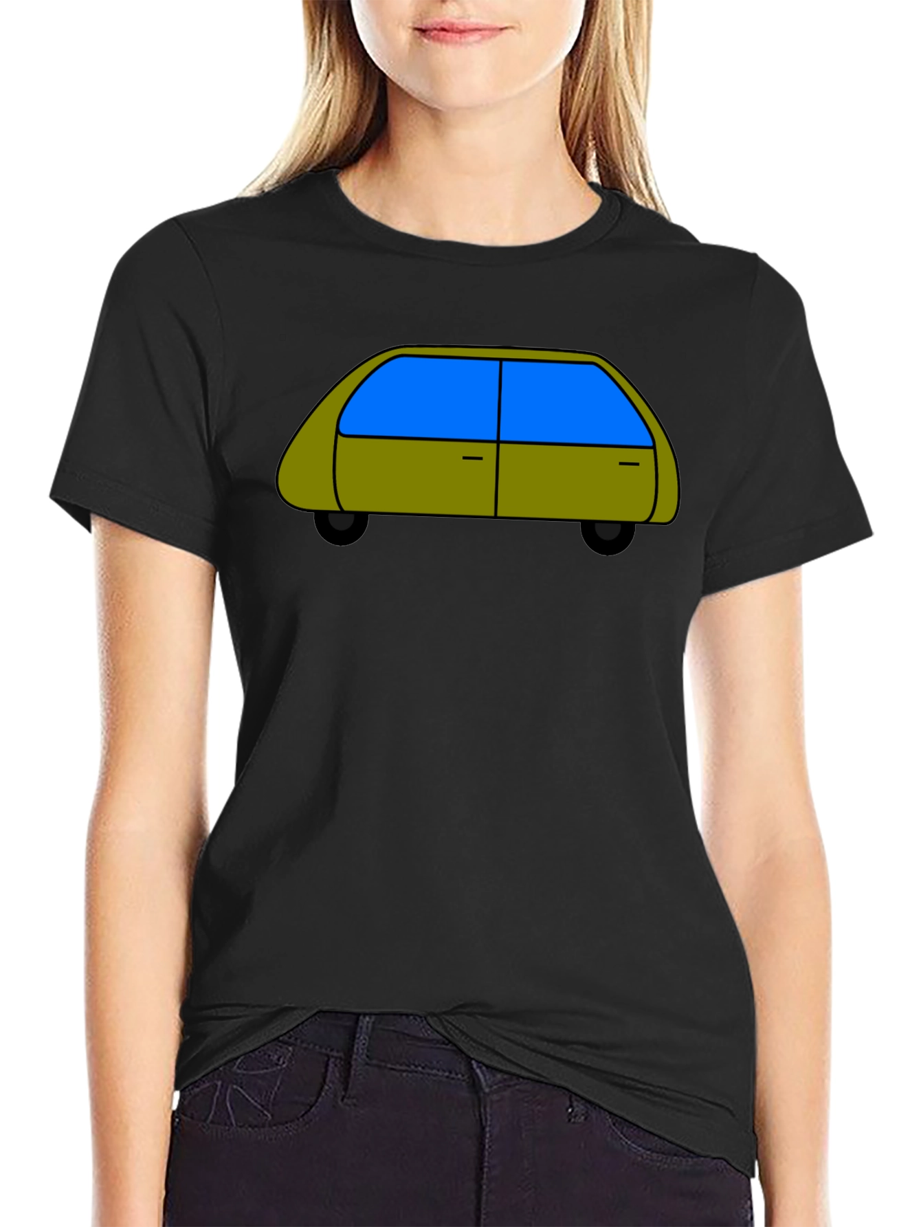 Black Cartoon Car Graphic Tee - Black Cotton T-Shirt view 2