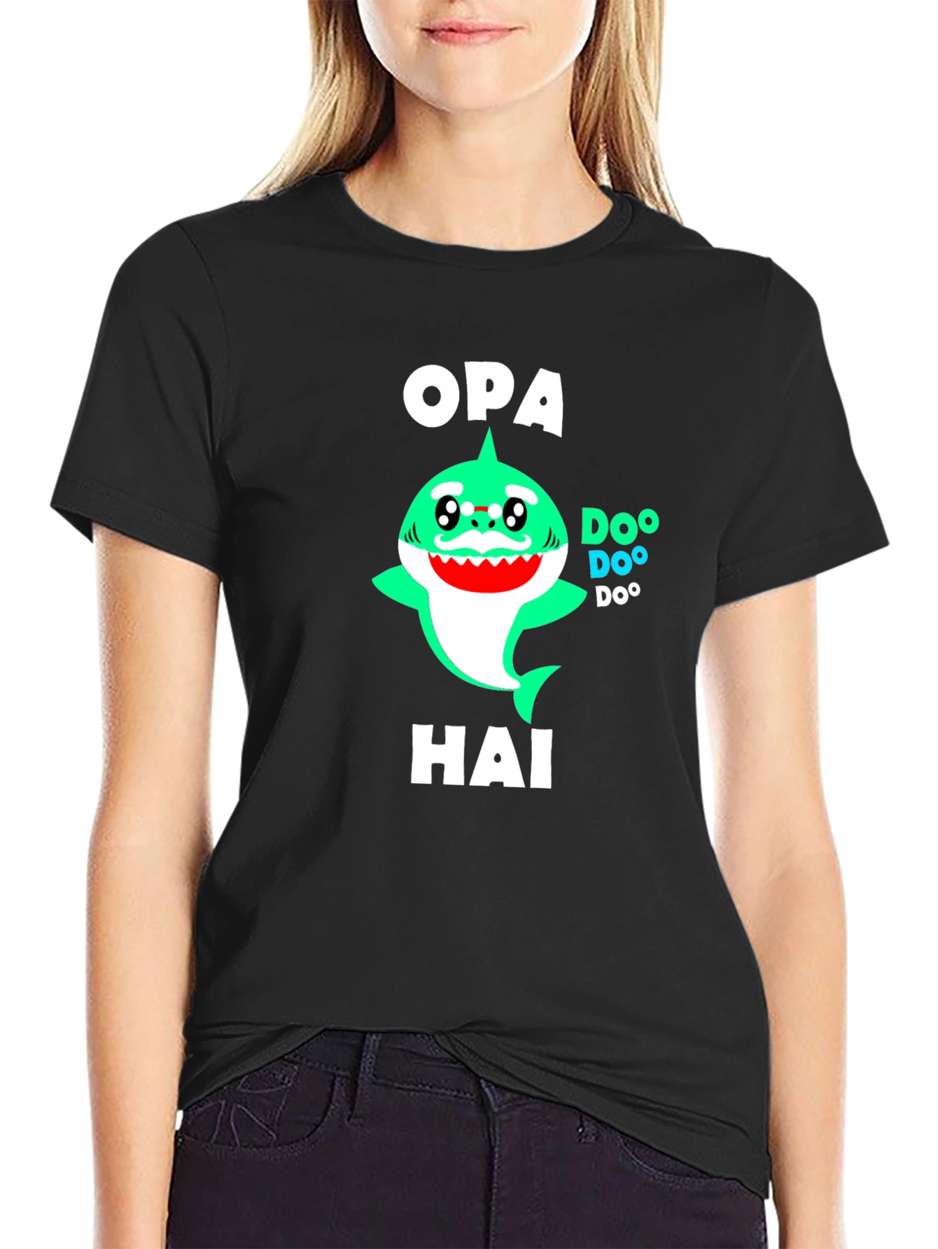 Black Opa Hai Funny Shark T-Shirt - Grandfather Shark Tee view 2