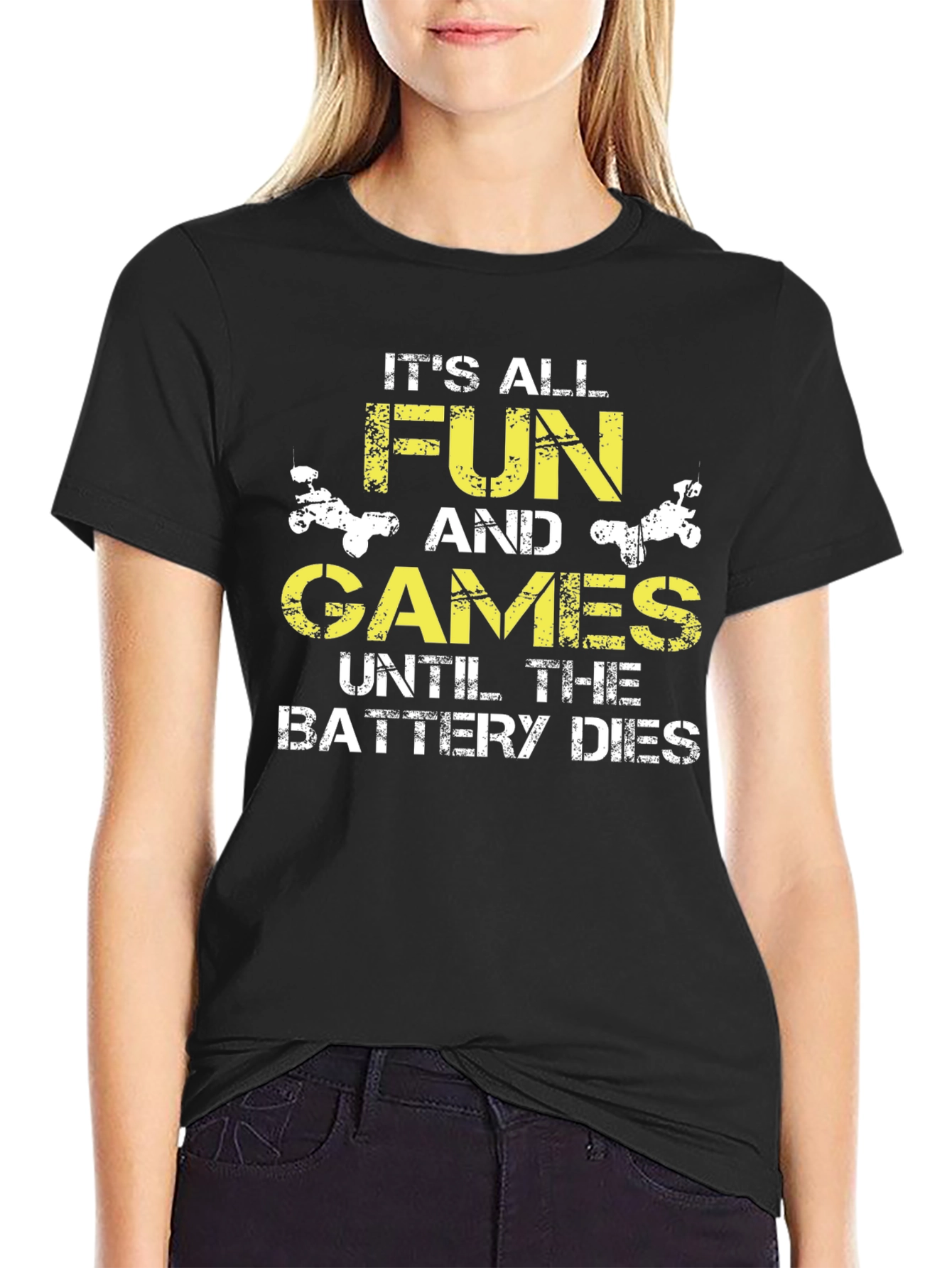 Black Funny 'Battery Dies' Graphic Print Black T-Shirt view 2