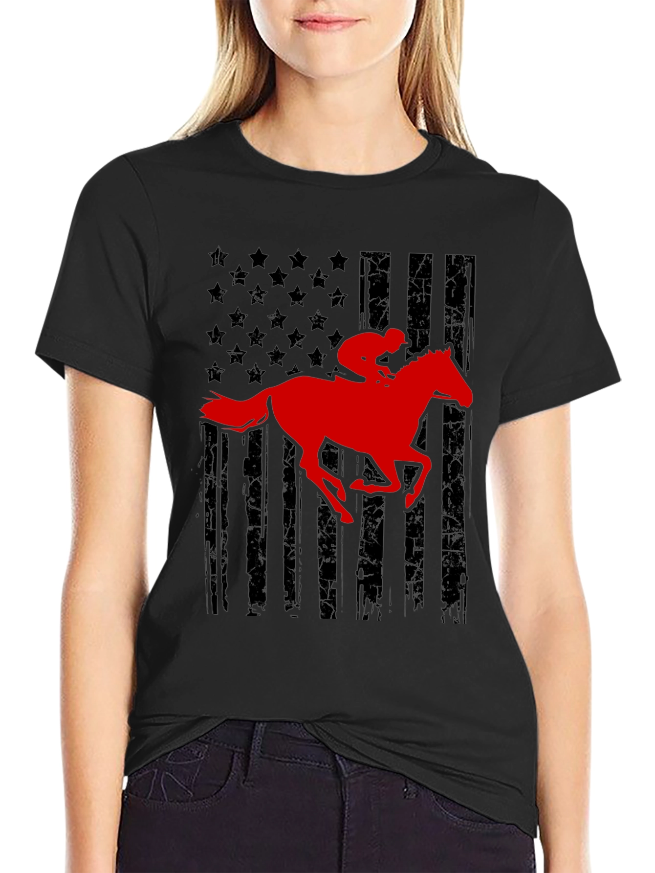 Black American Flag Horse Racing T-Shirt view 2