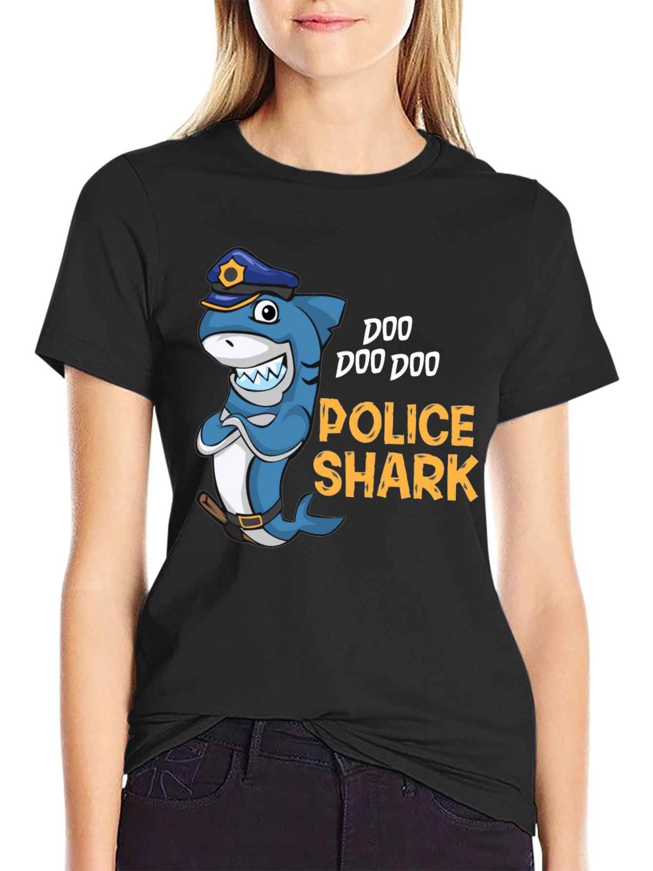 Black Doo Doo Doo Police Shark Graphic Tee view 2