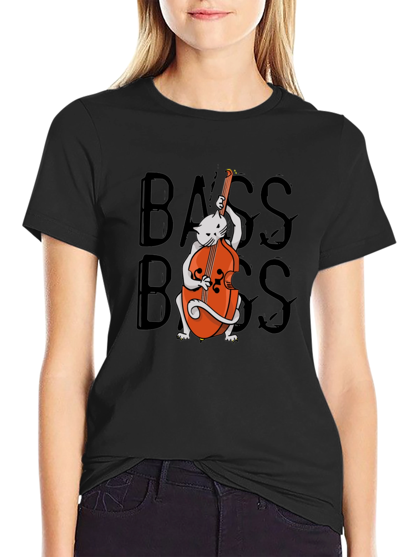 Black Cat Playing Bass T-Shirt - Cool Musician Tee view 2
