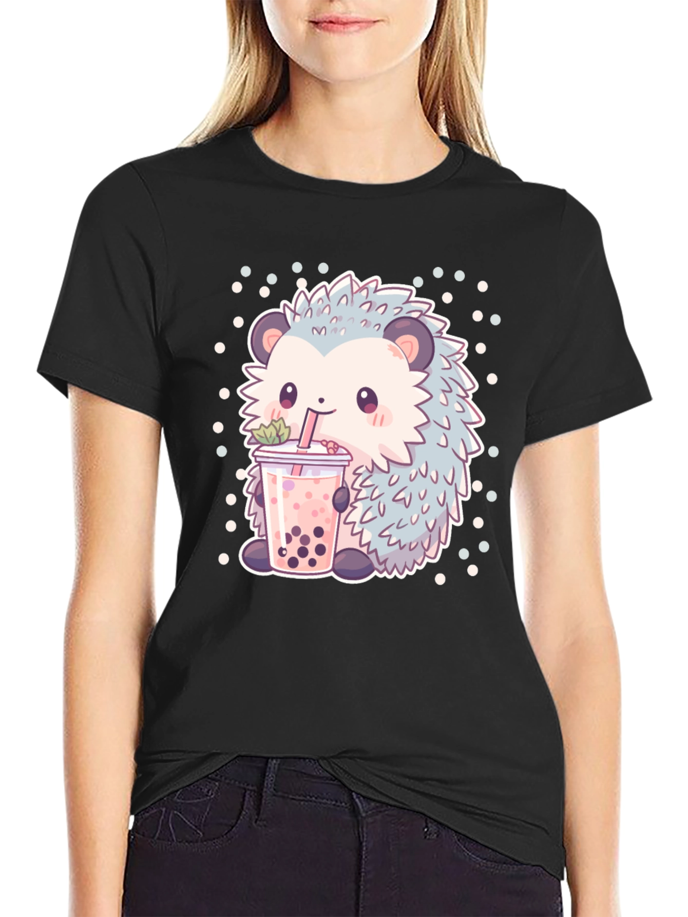 Black Cute Hedgehog Boba Tea T-Shirt view 2