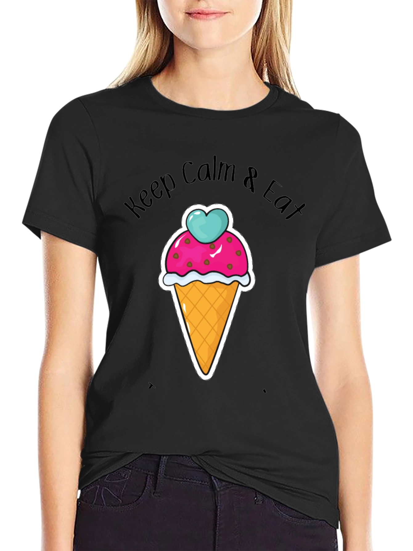Black Keep Calm Eat Ice Cream Graphic T-Shirt - Black Cotton Tee view 2