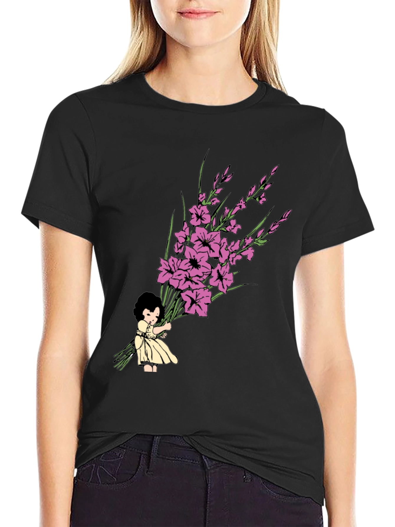 Girl Holding Flower Bouquet Graphic Tee - 2
