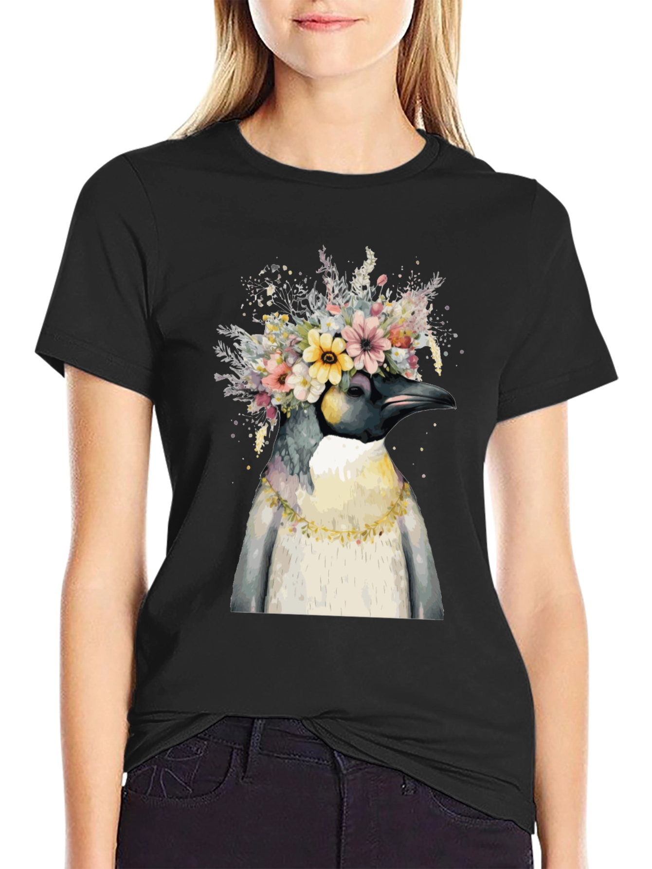 Black Penguin Floral Crown Black T-Shirt view 2