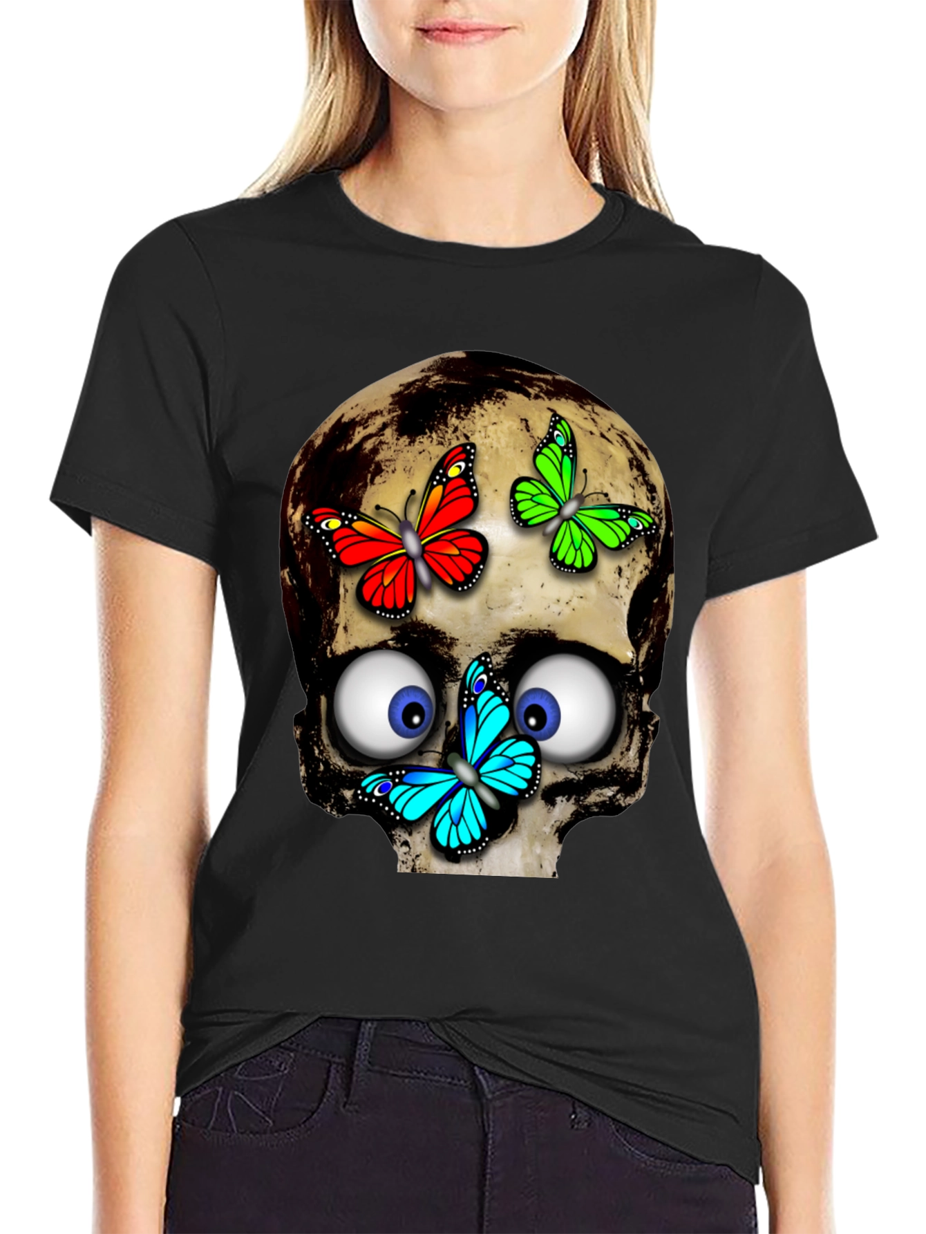 Black Skull & Butterflies Graphic Tee - Black view 2