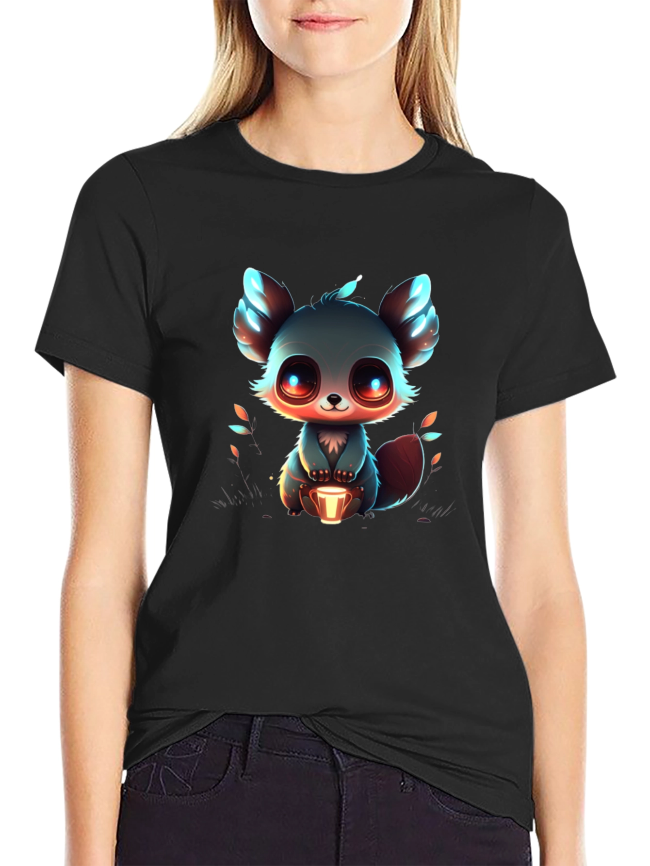 Black Cute Cartoon Animal Graphic Tee - Black view 2