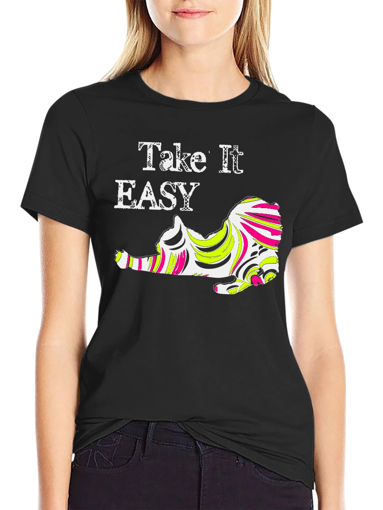 Black Take It Easy Cat Graphic Tee - Black view 2