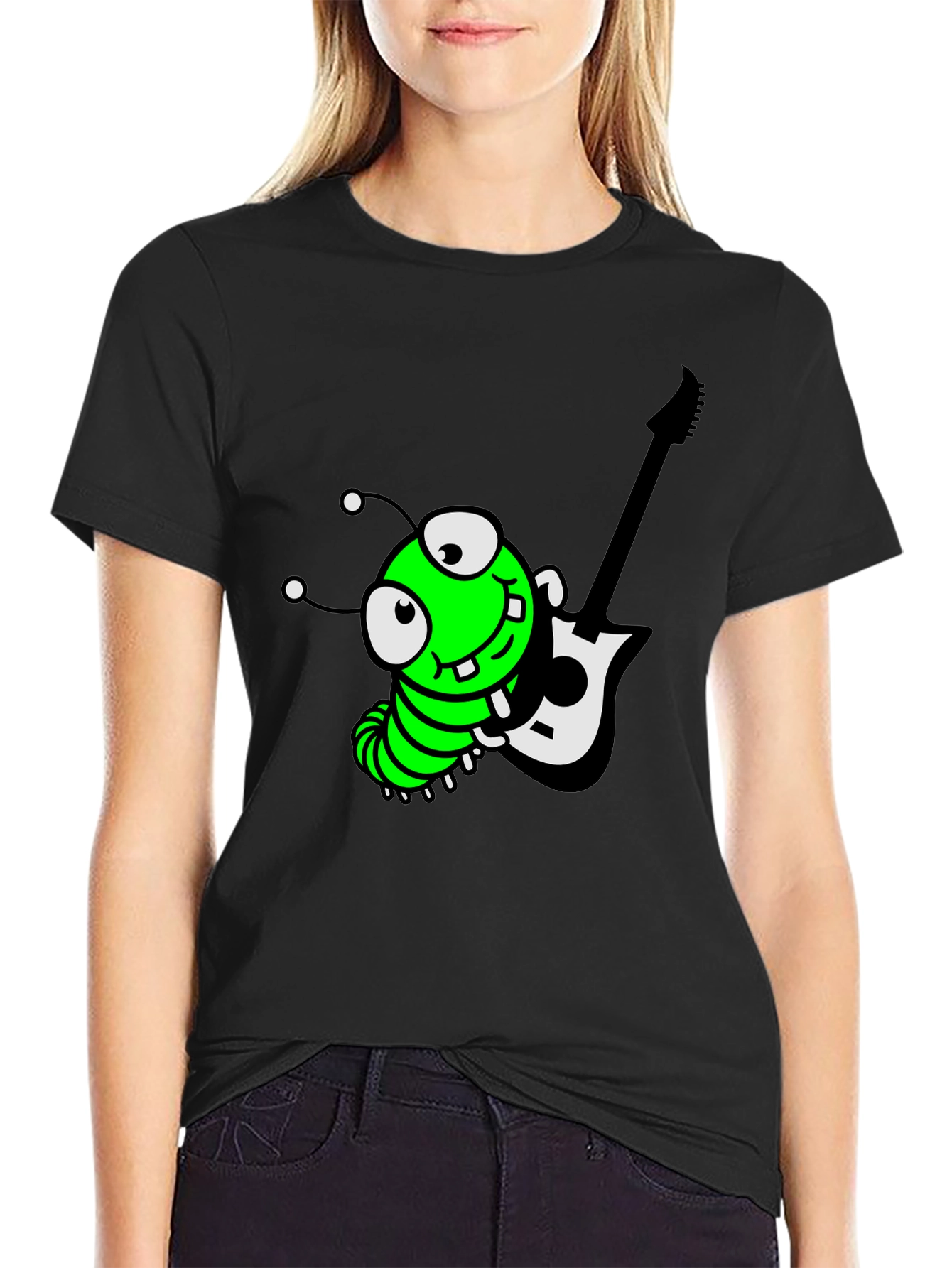 Black Cartoon Caterpillar Guitarist Graphic Tee view 2