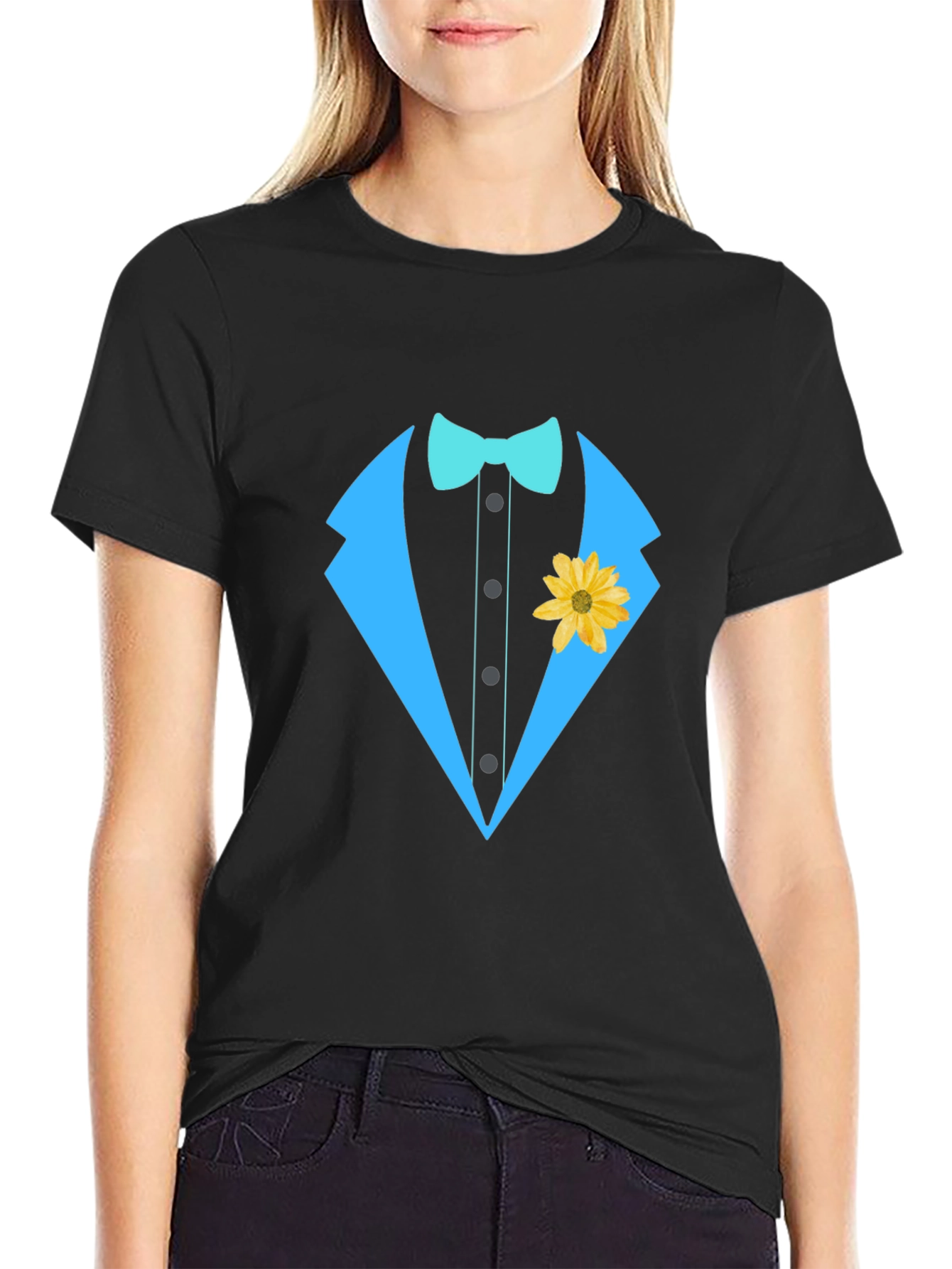 Black Tuxedo T-Shirt with Bowtie and Flower view 2