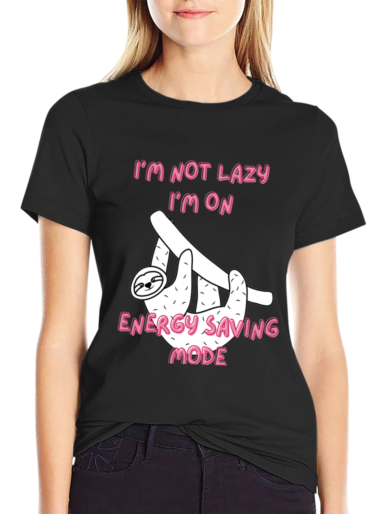 Black Funny Sloth Energy Saving Mode Black T-Shirt view 2