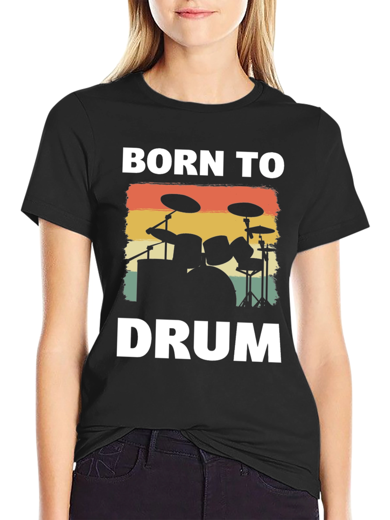 Black Born to Drum T-Shirt - Retro Drummer Tee view 2