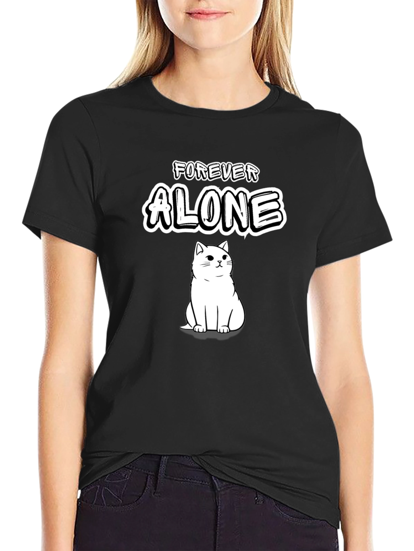 Black Forever Alone Cat T-Shirt - Soft Cotton Tee view 2