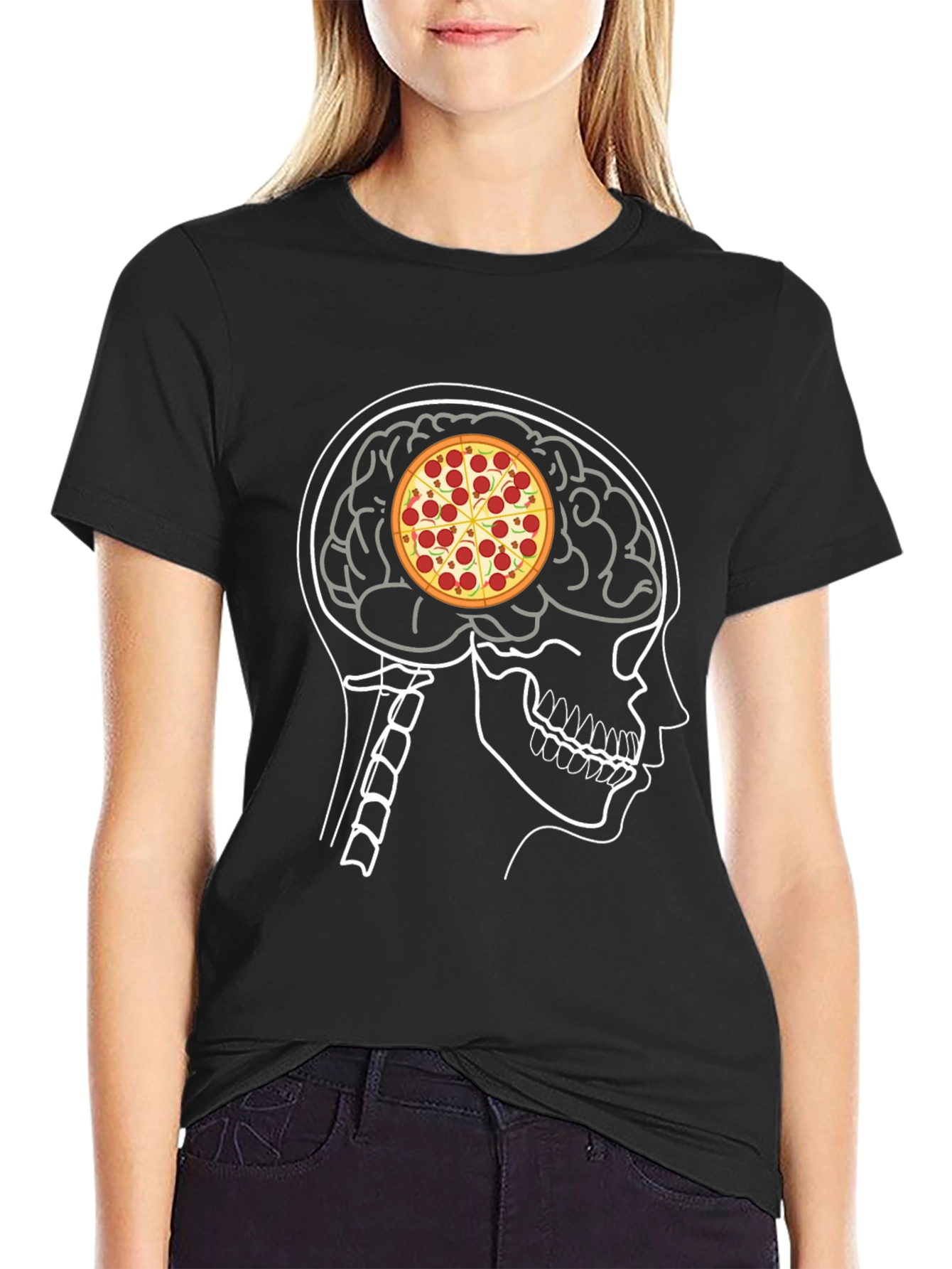 Black Pizza Brain T-Shirt: Foodie Mind Black Tee view 2