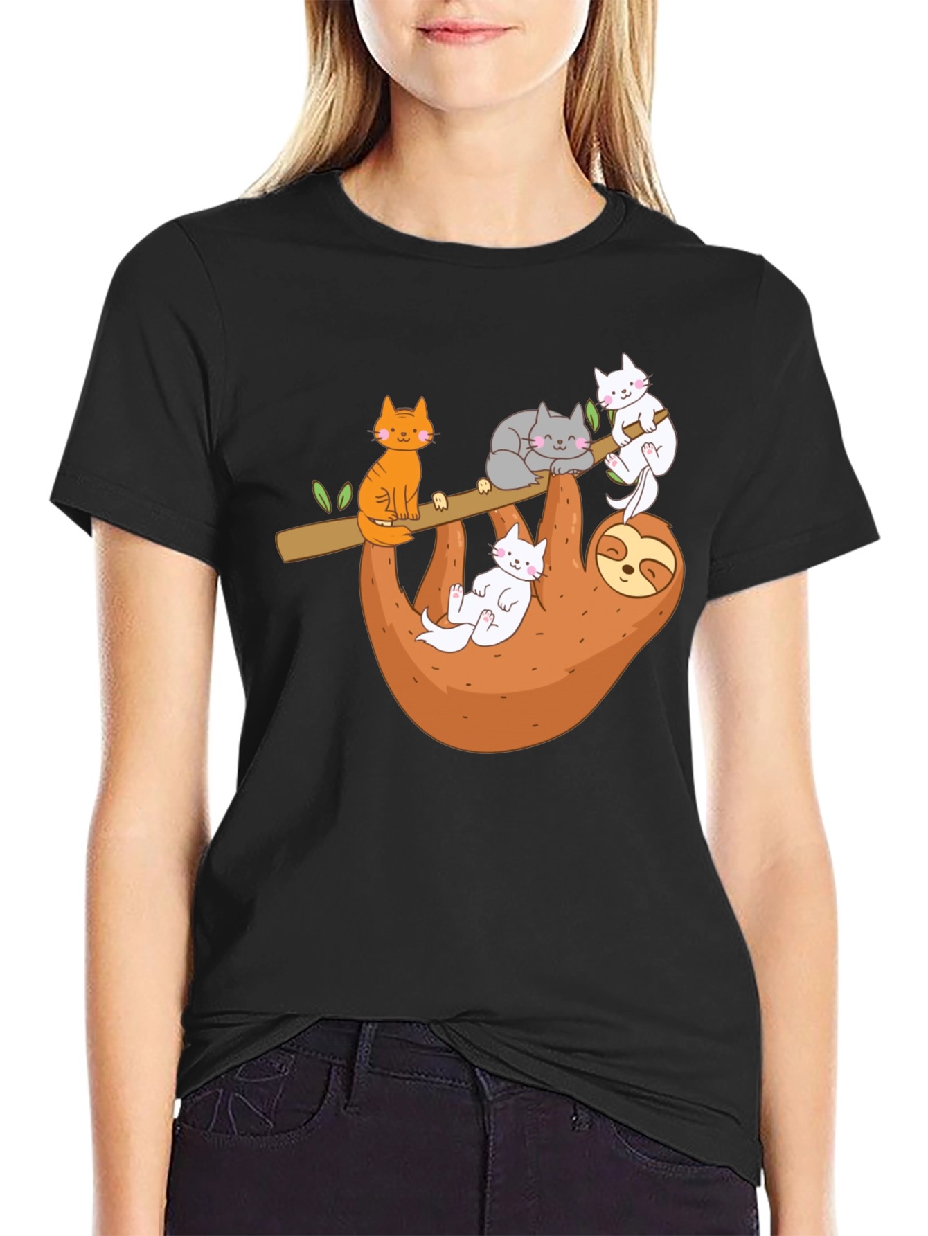 Black Sloth & Cats Graphic Tee - Relaxed Style view 2