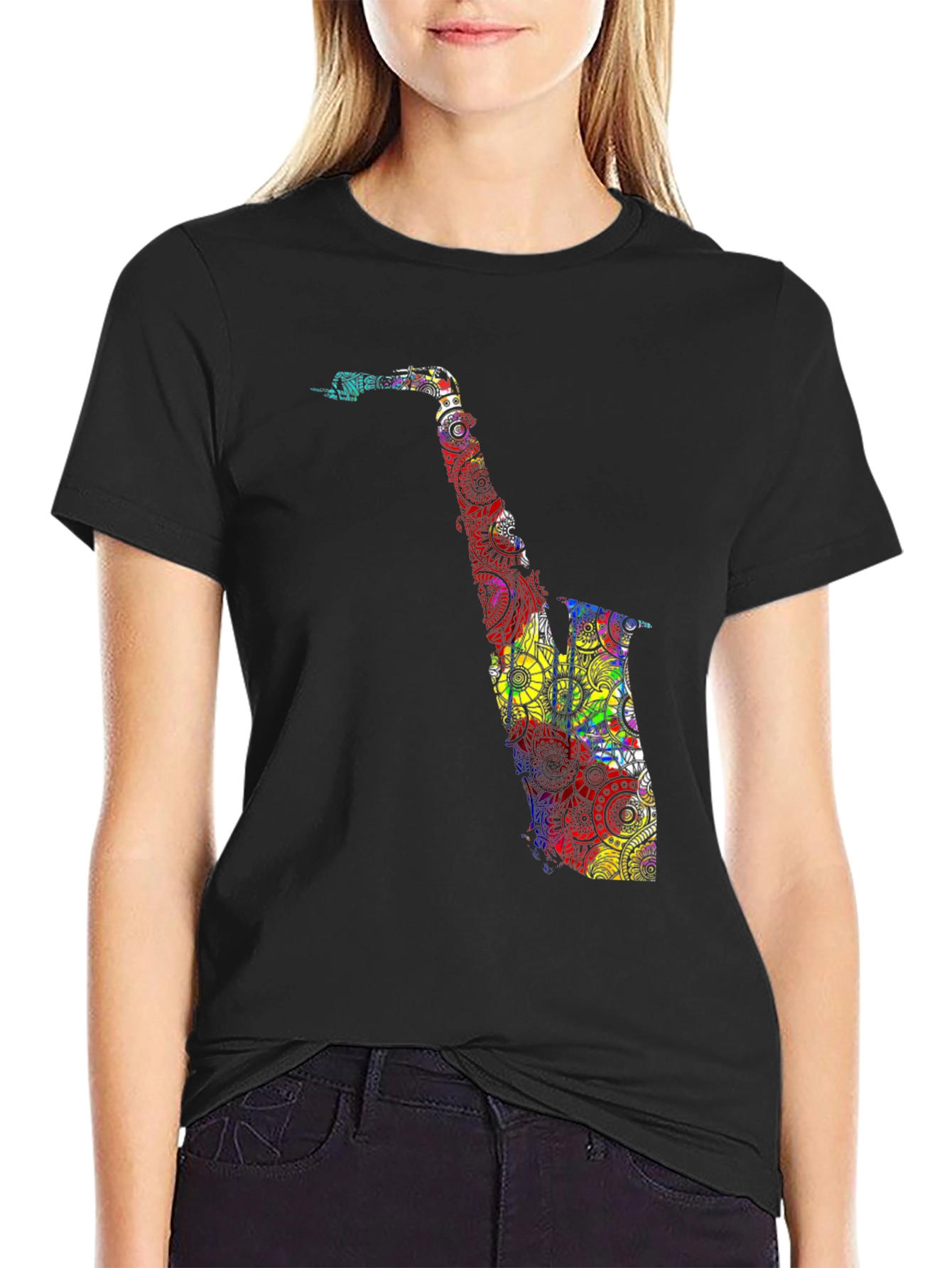 Black Colorful Saxophone Graphic T-Shirt - Black view 2