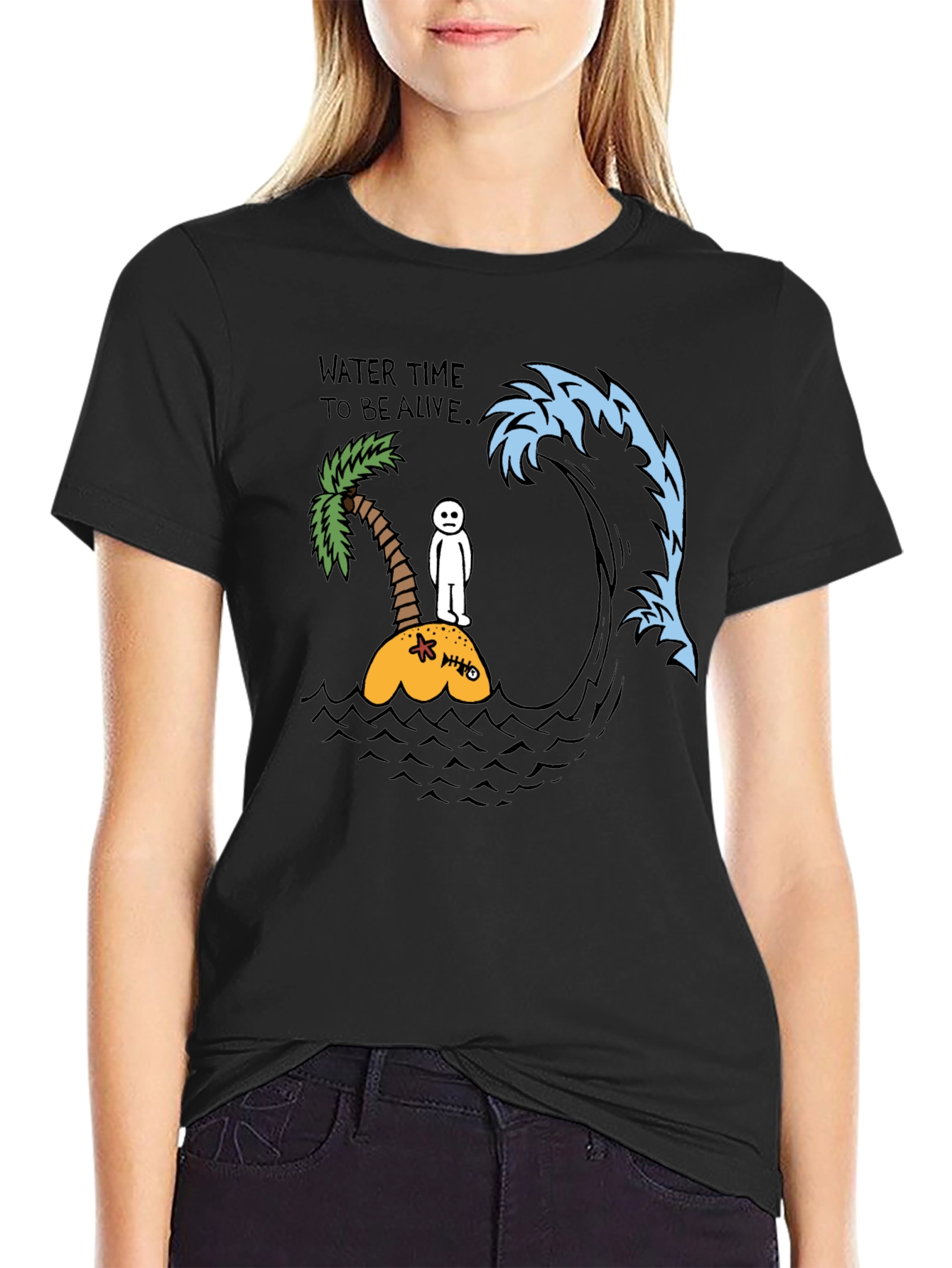 Black Humorous Wave Graphic Black T-Shirt view 2