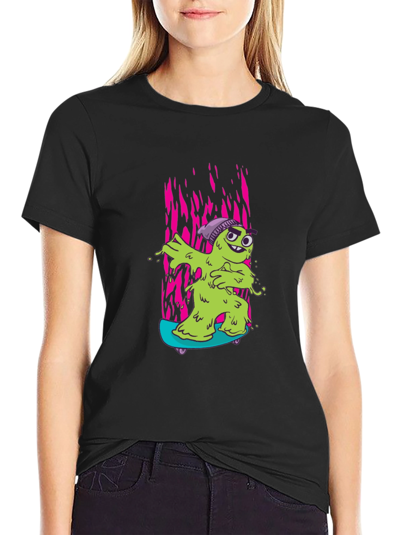 Black Cartoon Slime Monster Skateboard Graphic T-Shirt view 2
