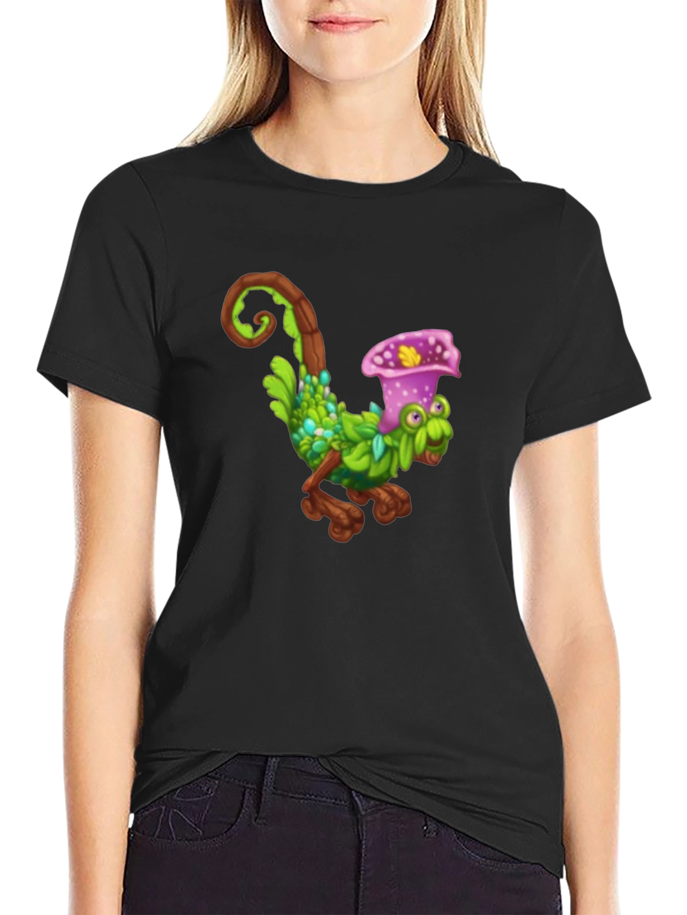 Black Black T-Shirt with Fun Cartoon Creature Design view 2