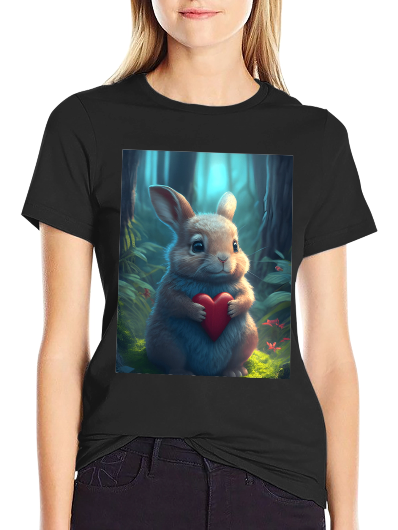 Black Cute Bunny Heart Graphic Tee - Soft Black Cotton Blend view 2