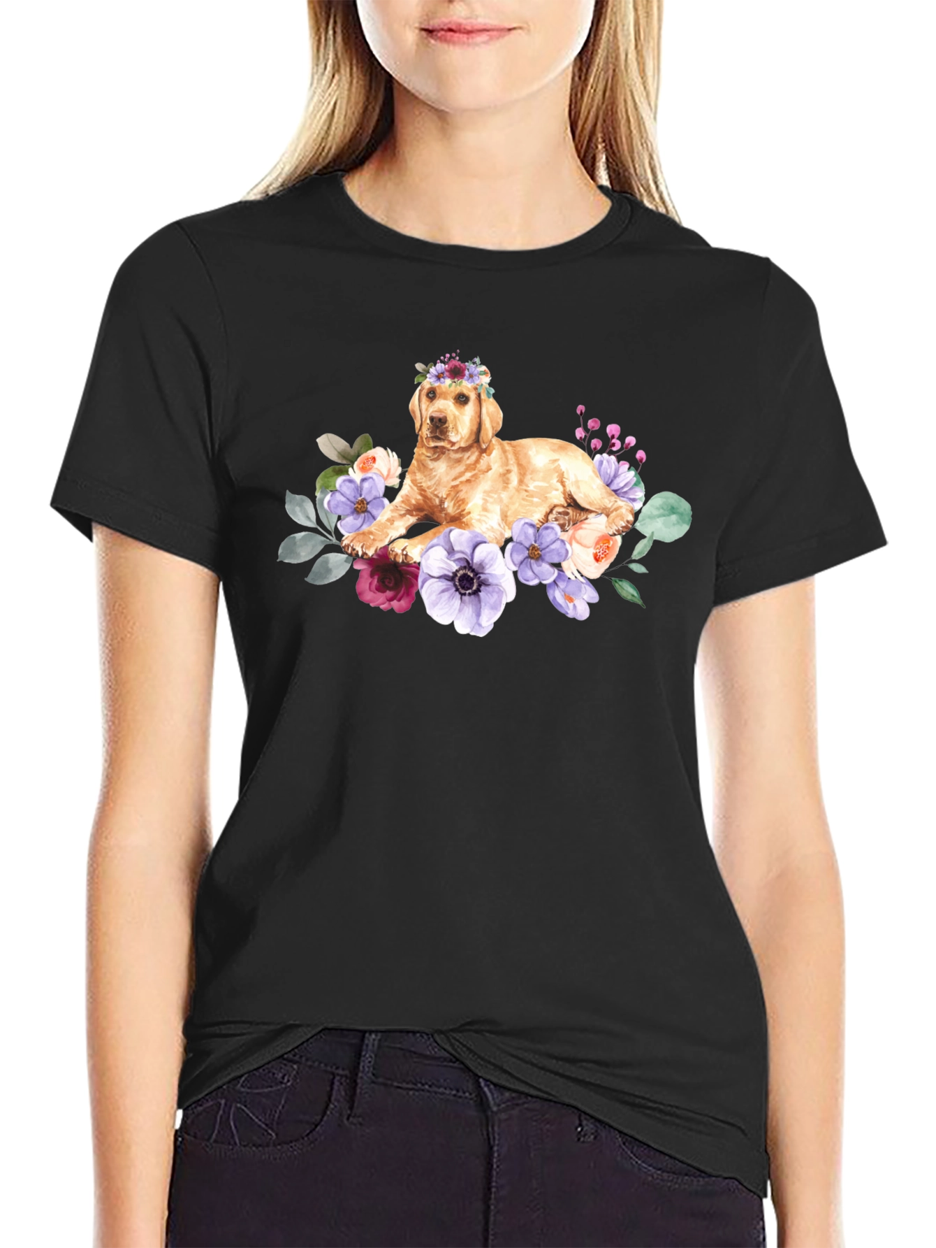 Black Golden Retriever Floral Crown T-Shirt view 2