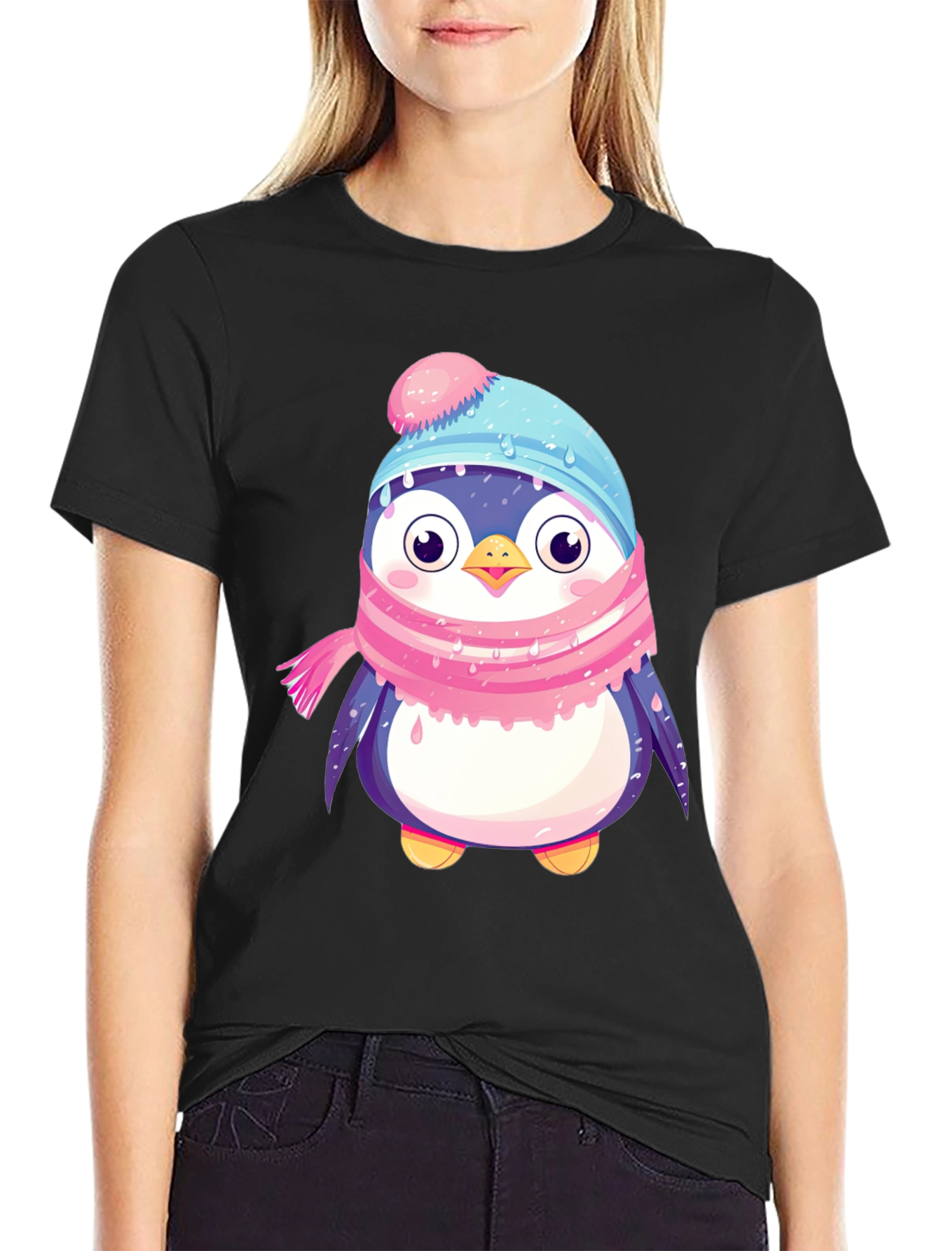 Black Cute Penguin Winter Hat Scarf T-Shirt view 2