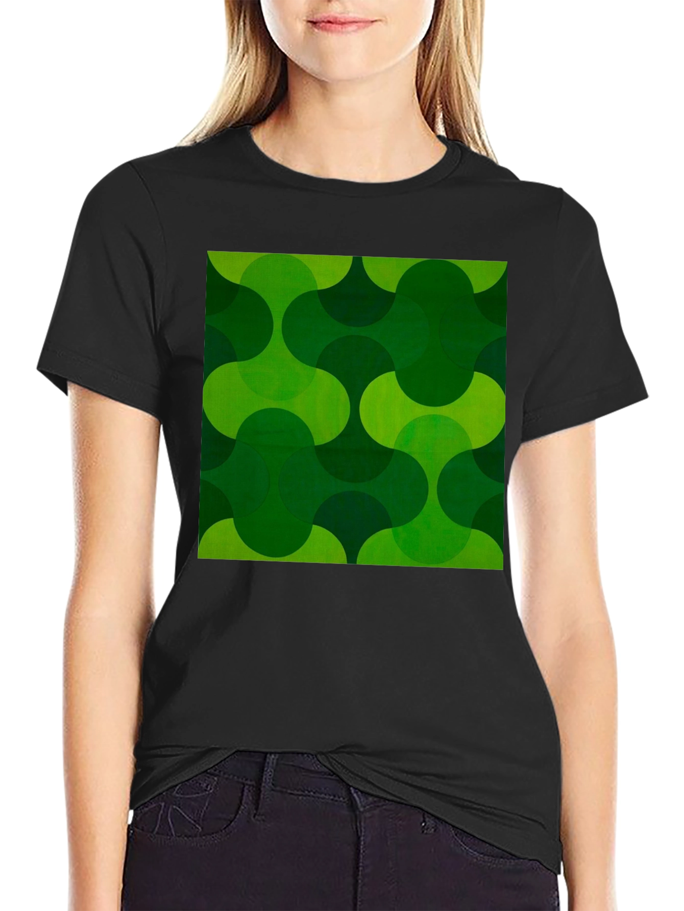 Black Retro Green Geometric Print Black T-Shirt view 2