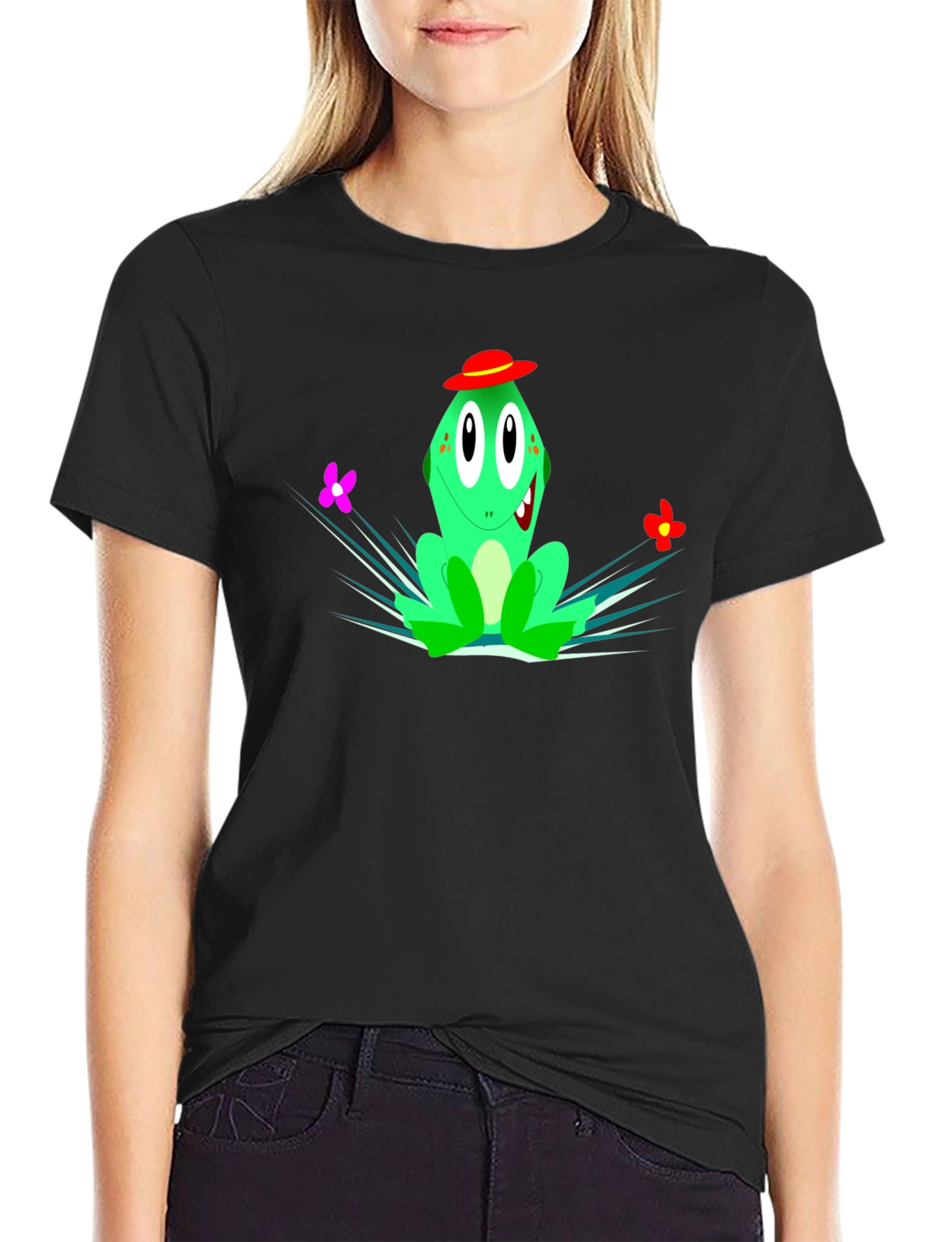 Black Cartoon Frog Graphic Tee - Quirky Style view 2