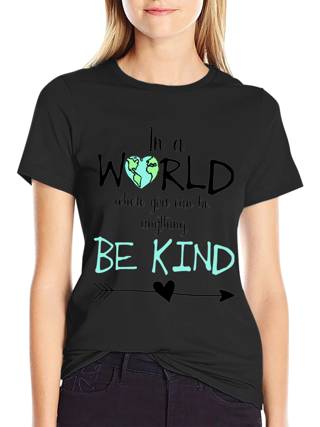 Black Be Kind T-Shirt - World Heart Graphic Tee view 2