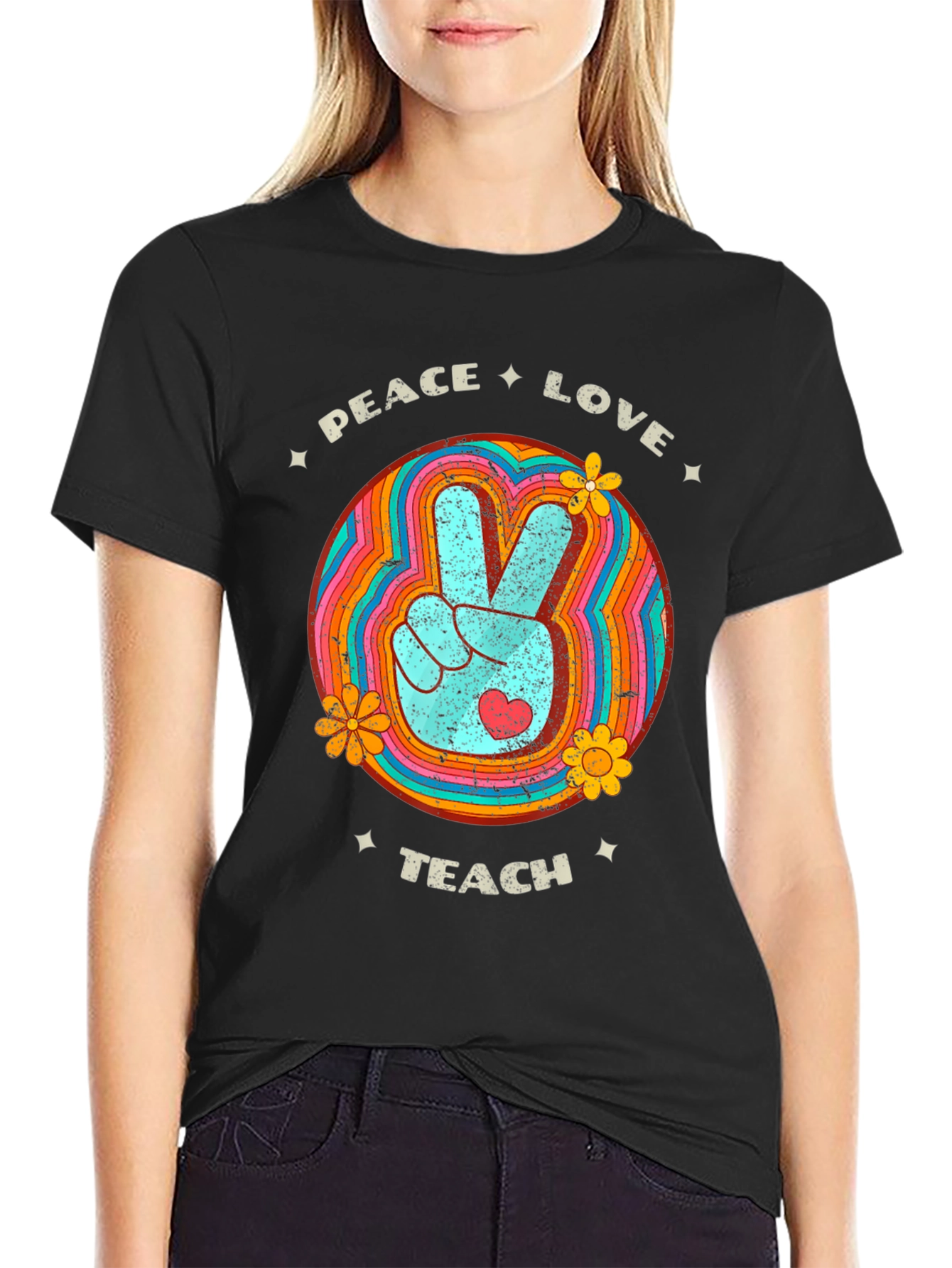 Black Peace Love Teach Retro T-Shirt view 2
