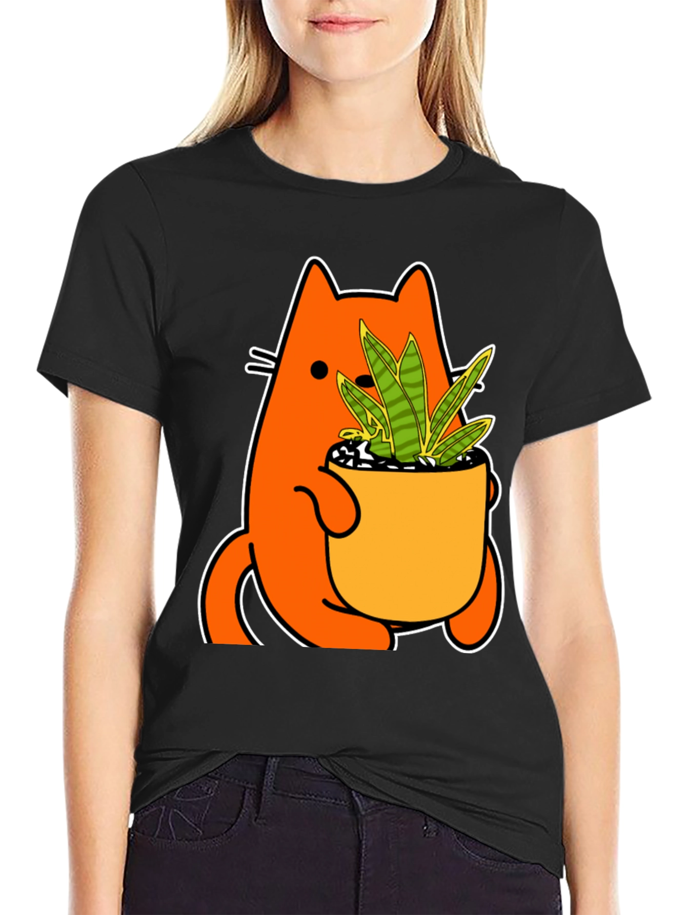 Black Cat Holding Potted Plant Graphic Tee view 2