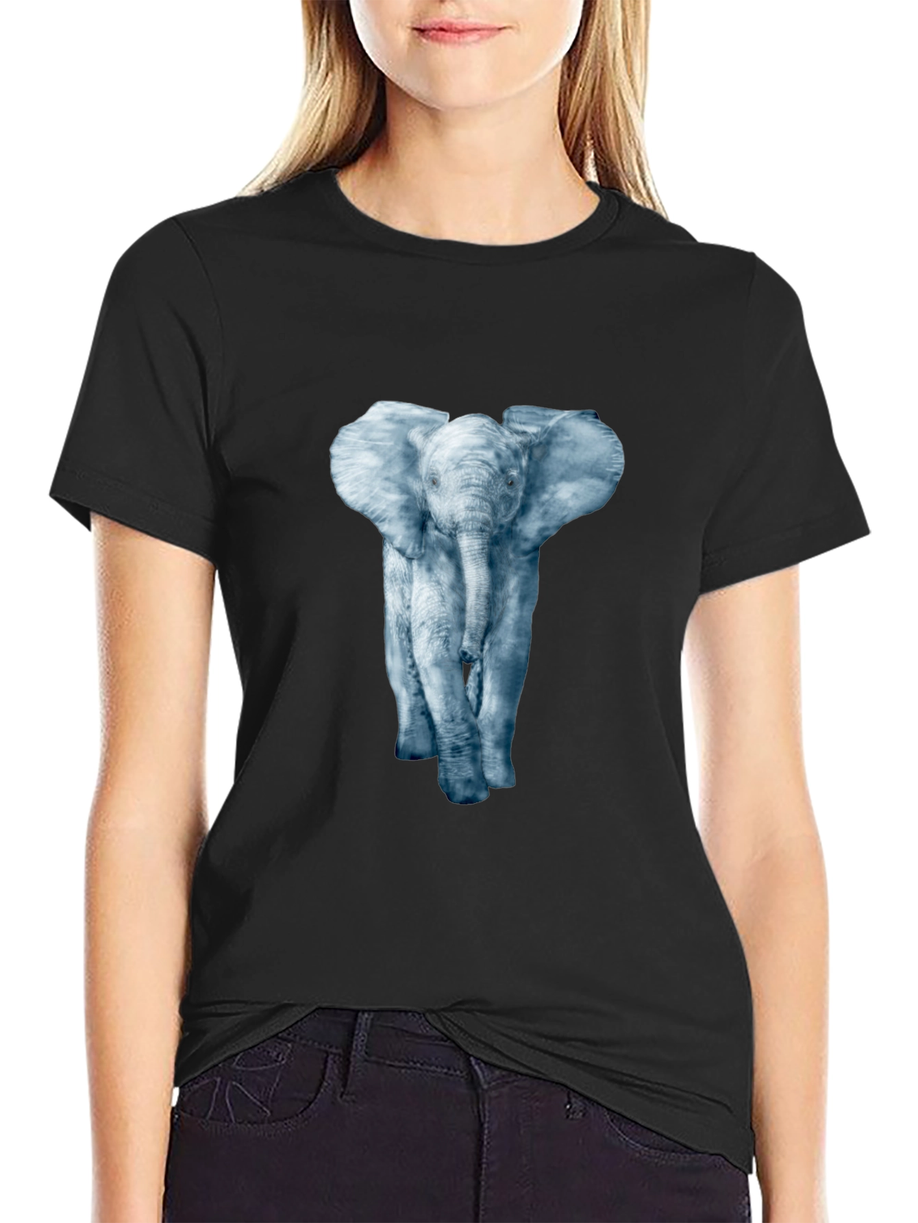 Black Elephant Print Crew Neck T-Shirt view 2