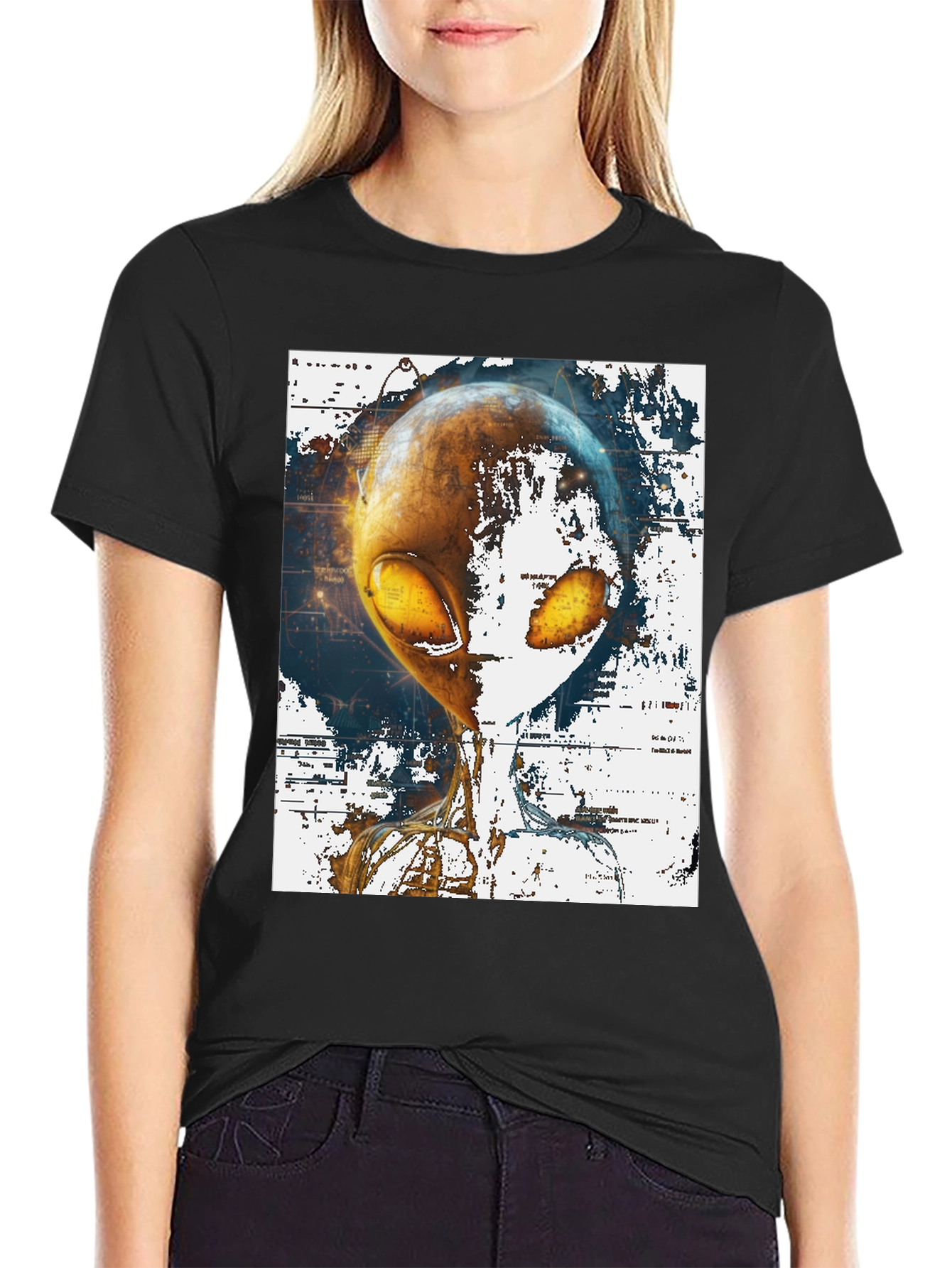 Black Alien Graphic Print T-Shirt - Sci-Fi Streetwear view 2