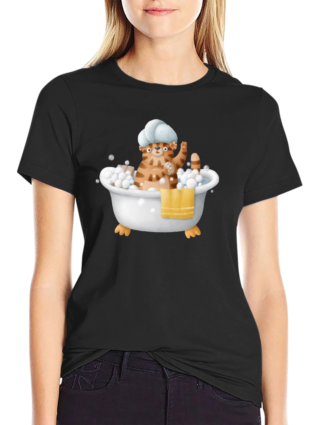 Black Funny Cat in Tub T-Shirt view 2