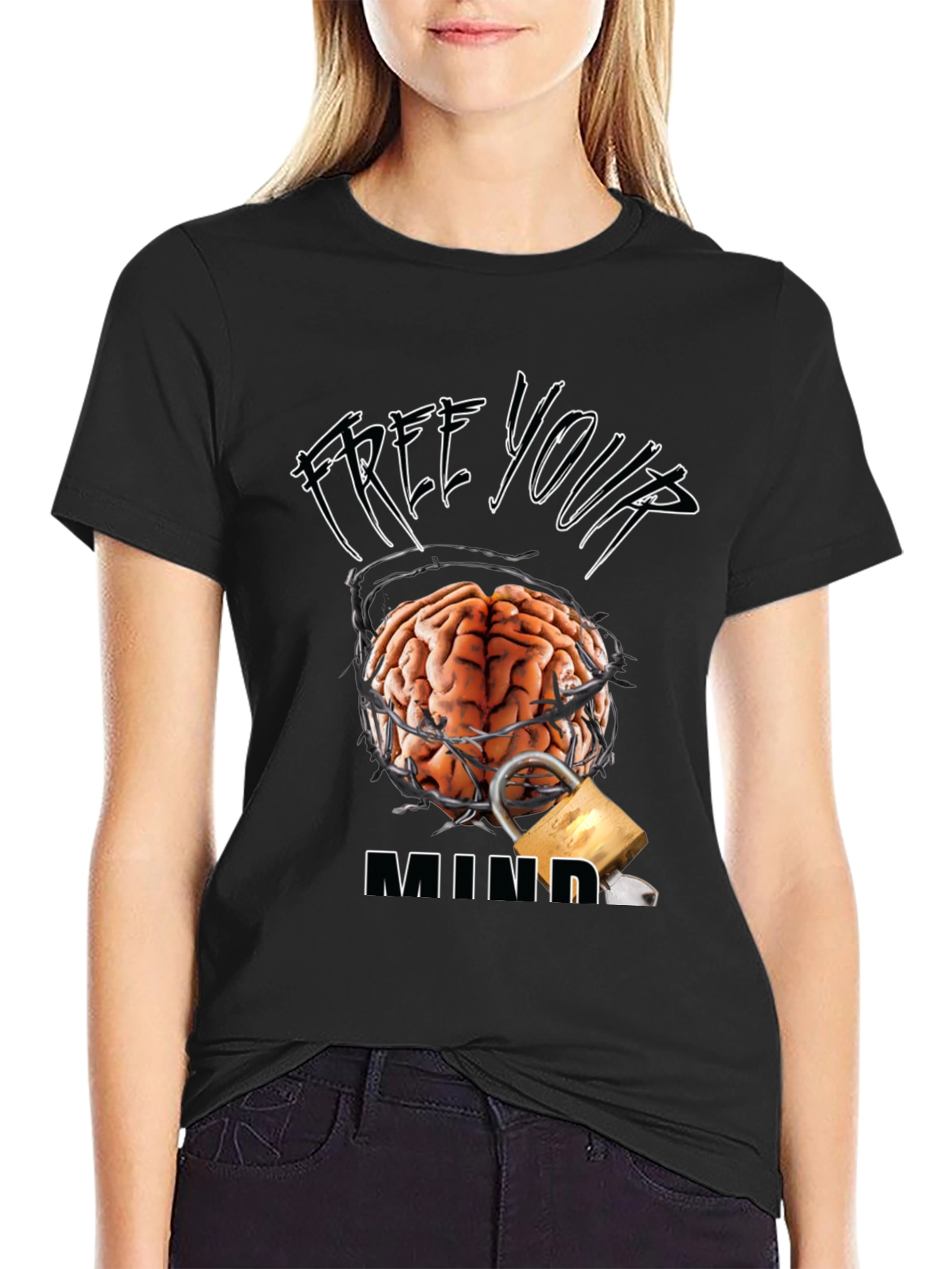 Black Free Your Mind Graphic Tee - Brain & Lock Design view 2