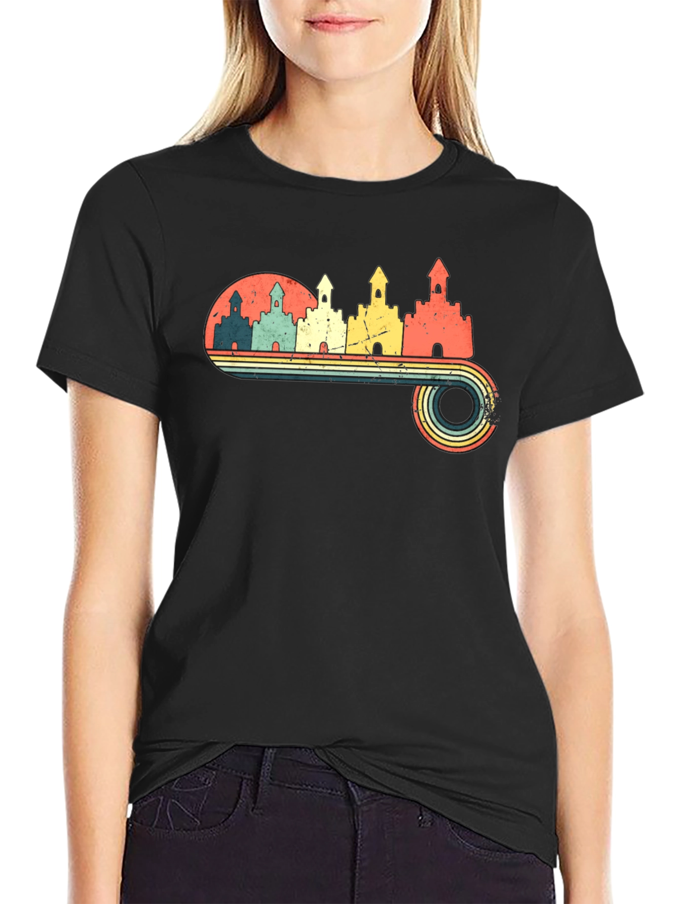 Black Retro Castle Graphic Tee - Vintage Style T-Shirt view 2