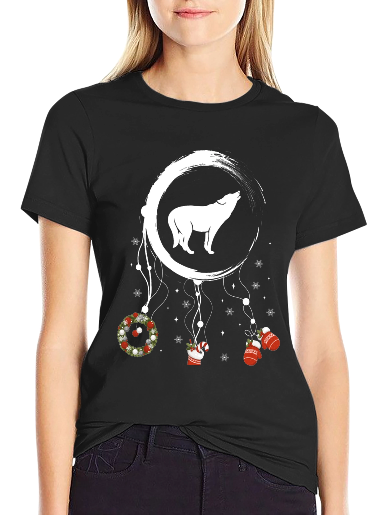 Black Wolf Dreamcatcher Christmas T-Shirt view 2
