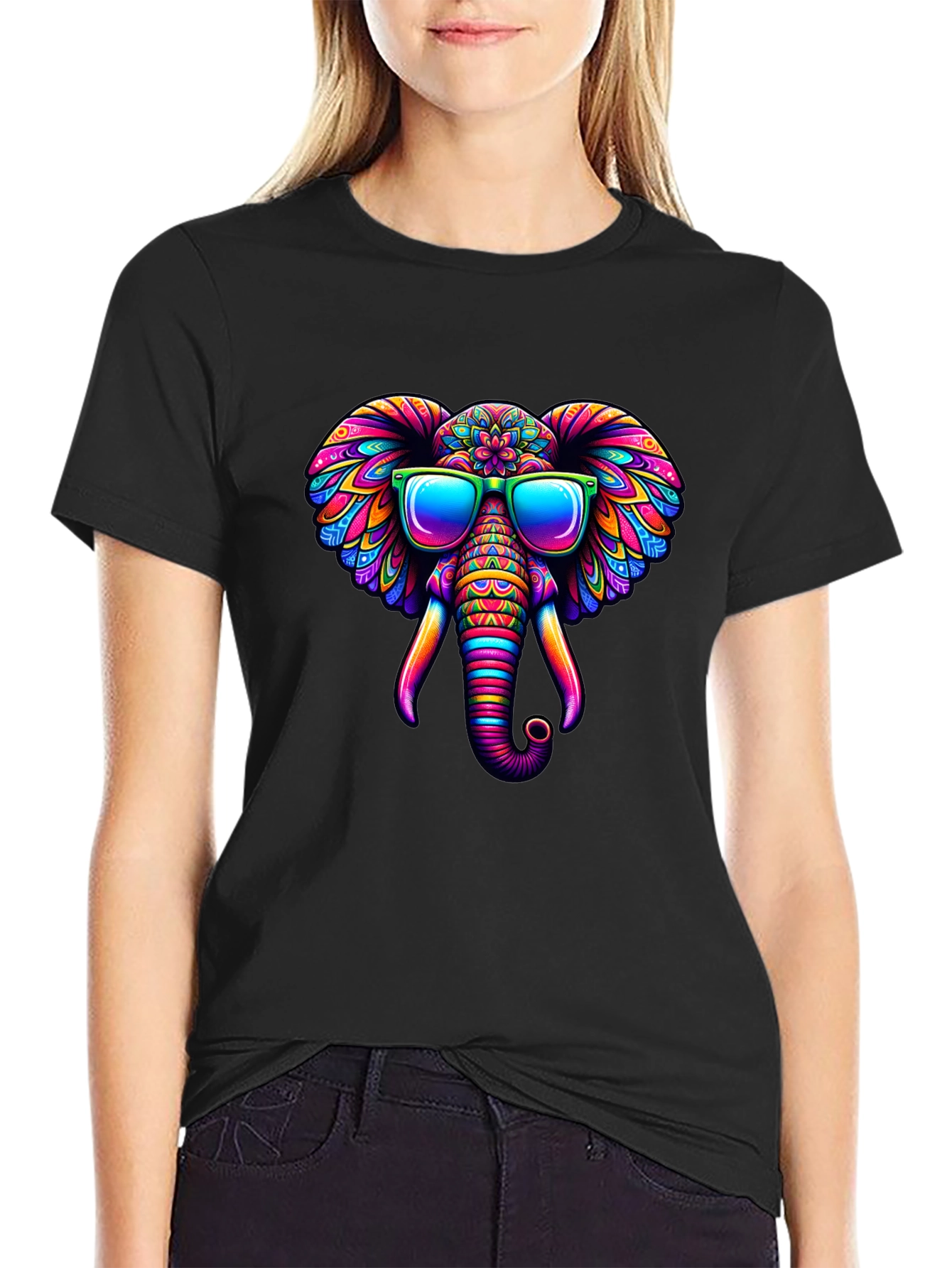 Black Cool Elephant T-Shirt: Colorful Design view 2