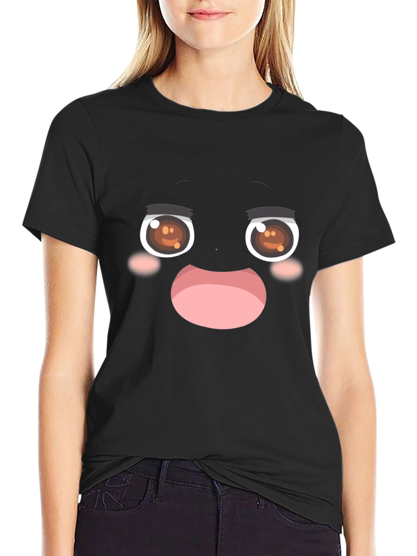 Black Funny Anime Face Black T-Shirt view 2