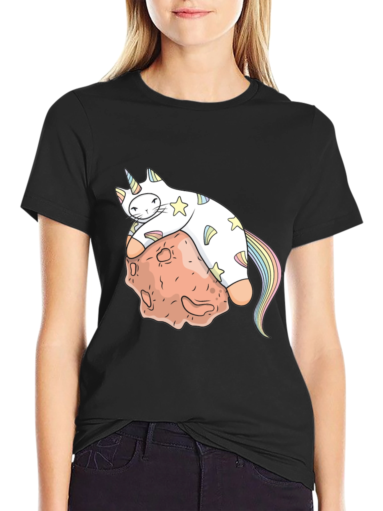 Black Unicorn Cat on Asteroid Graphic T-Shirt view 2