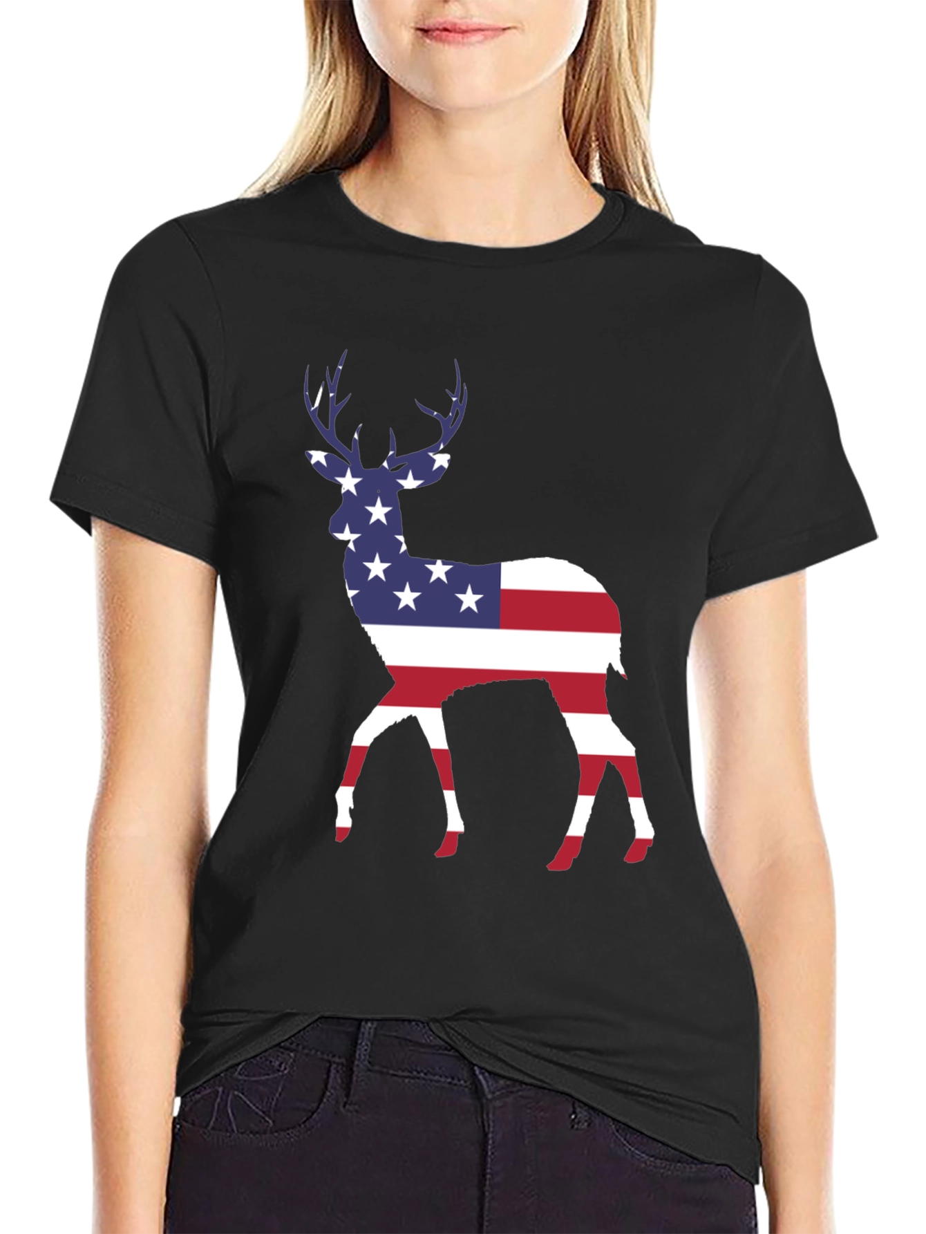 Black American Flag Deer T-Shirt - Patriotic Style view 2