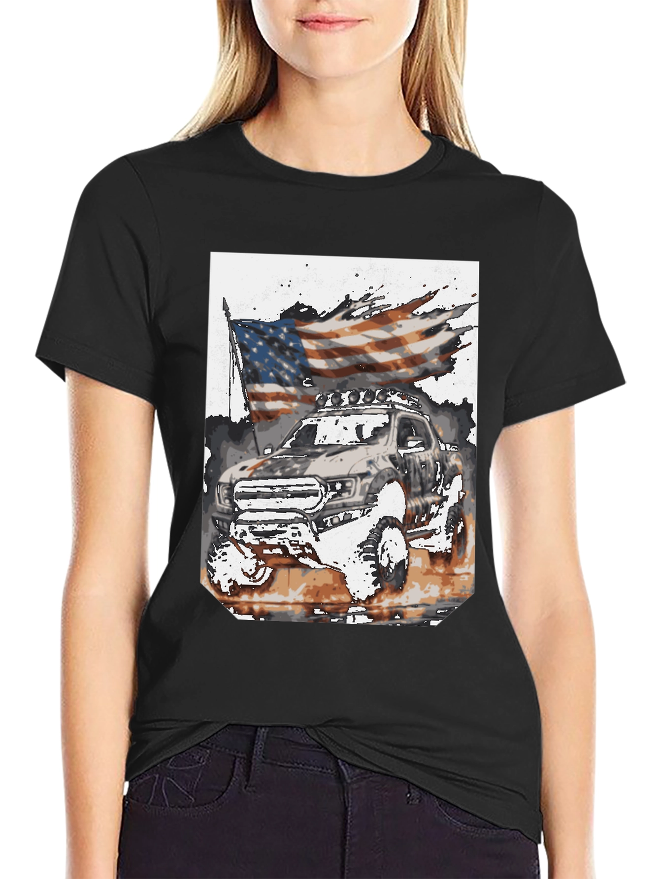 Black American Flag Truck Graphic Tee view 2