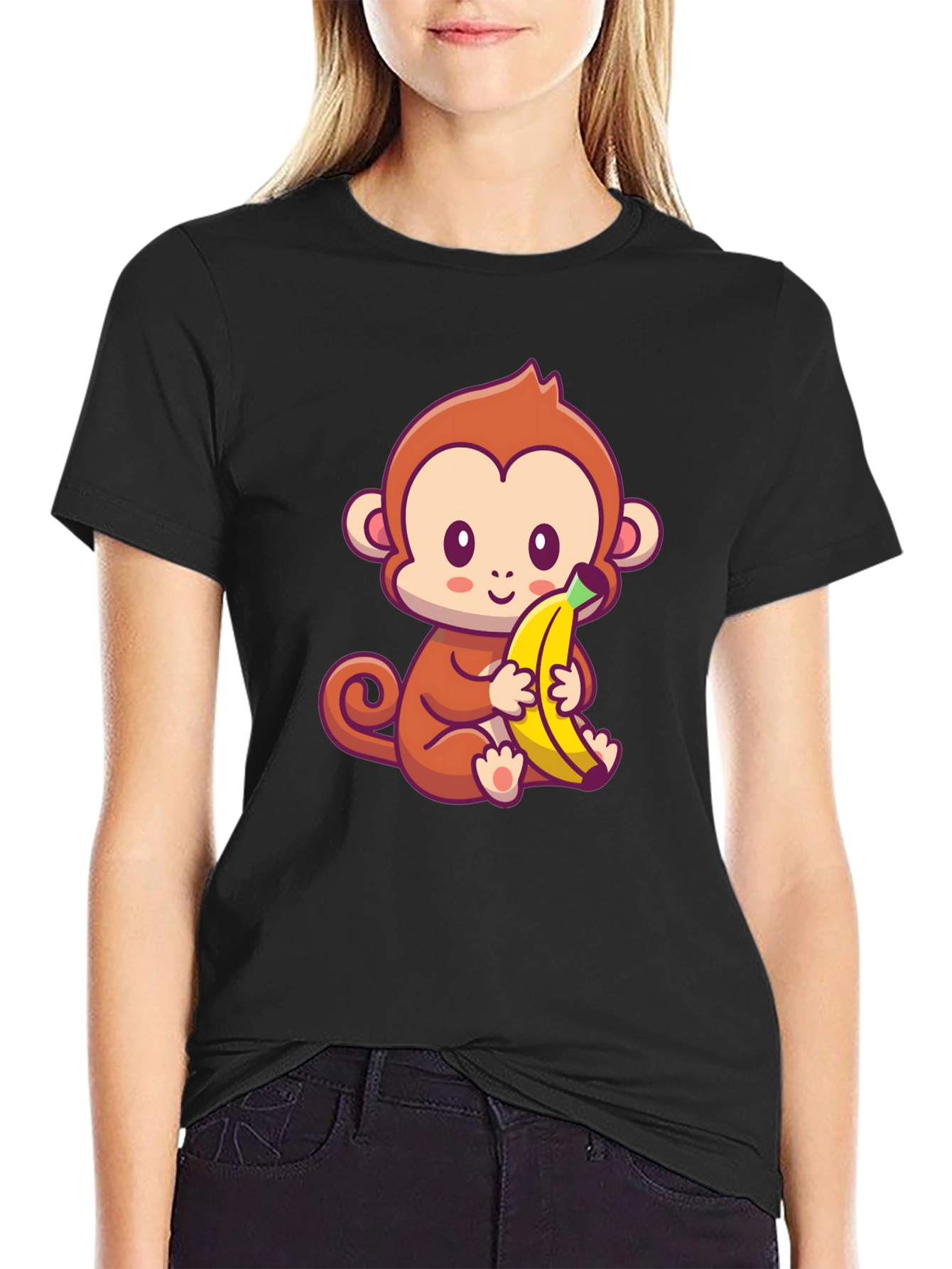 Cute Monkey Banana Graphic Black T-Shirt - 2