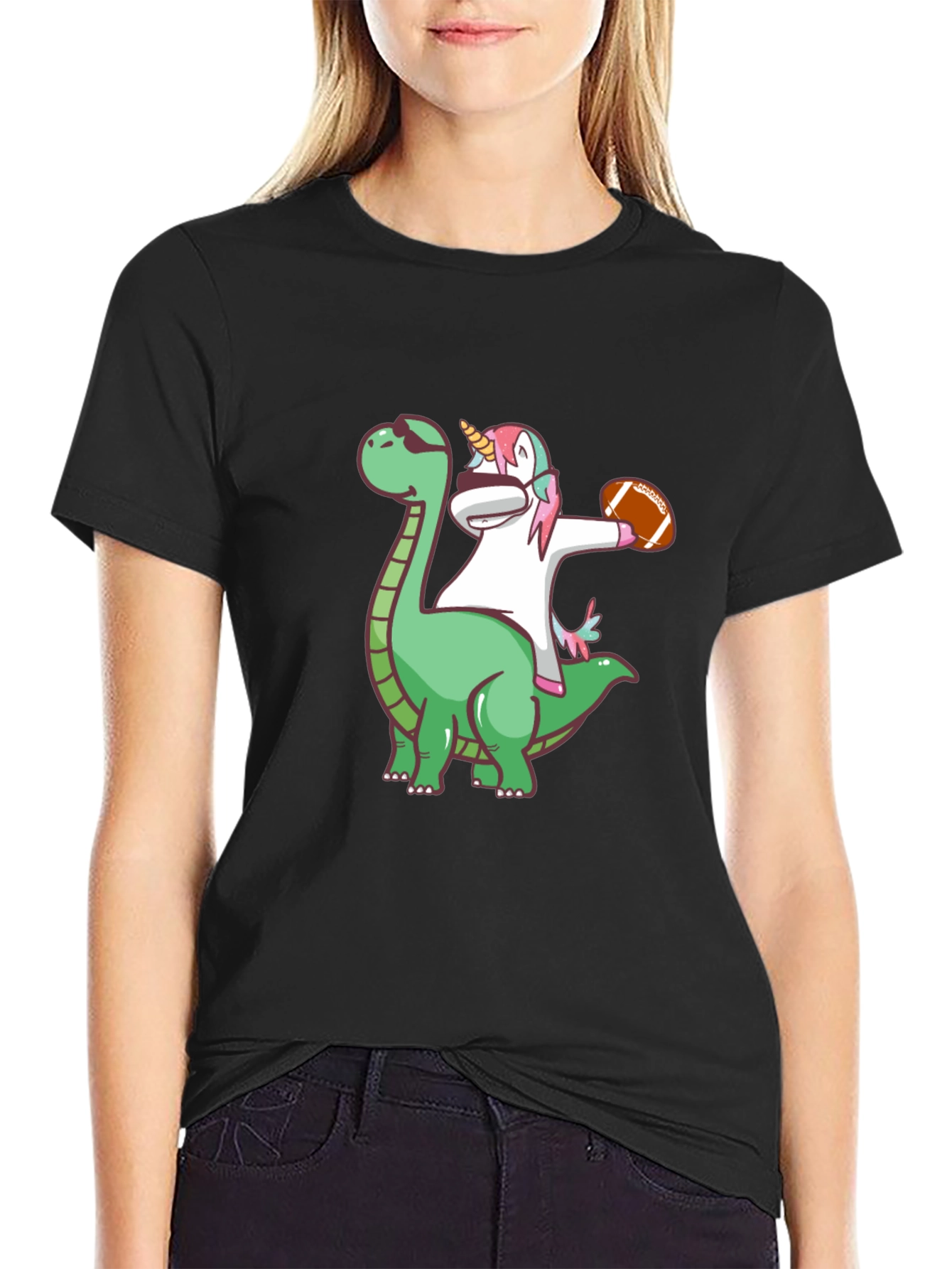 Black Dino Unicorn Football T-Shirt view 2